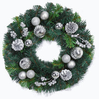 GARVEE Ghirlanda di Natale 40 cm Ghirlanda artificiale per porta Argentata con palline di Natale Pigne Bacche per porta d'ingresso Camino Decorazione da parete Verde