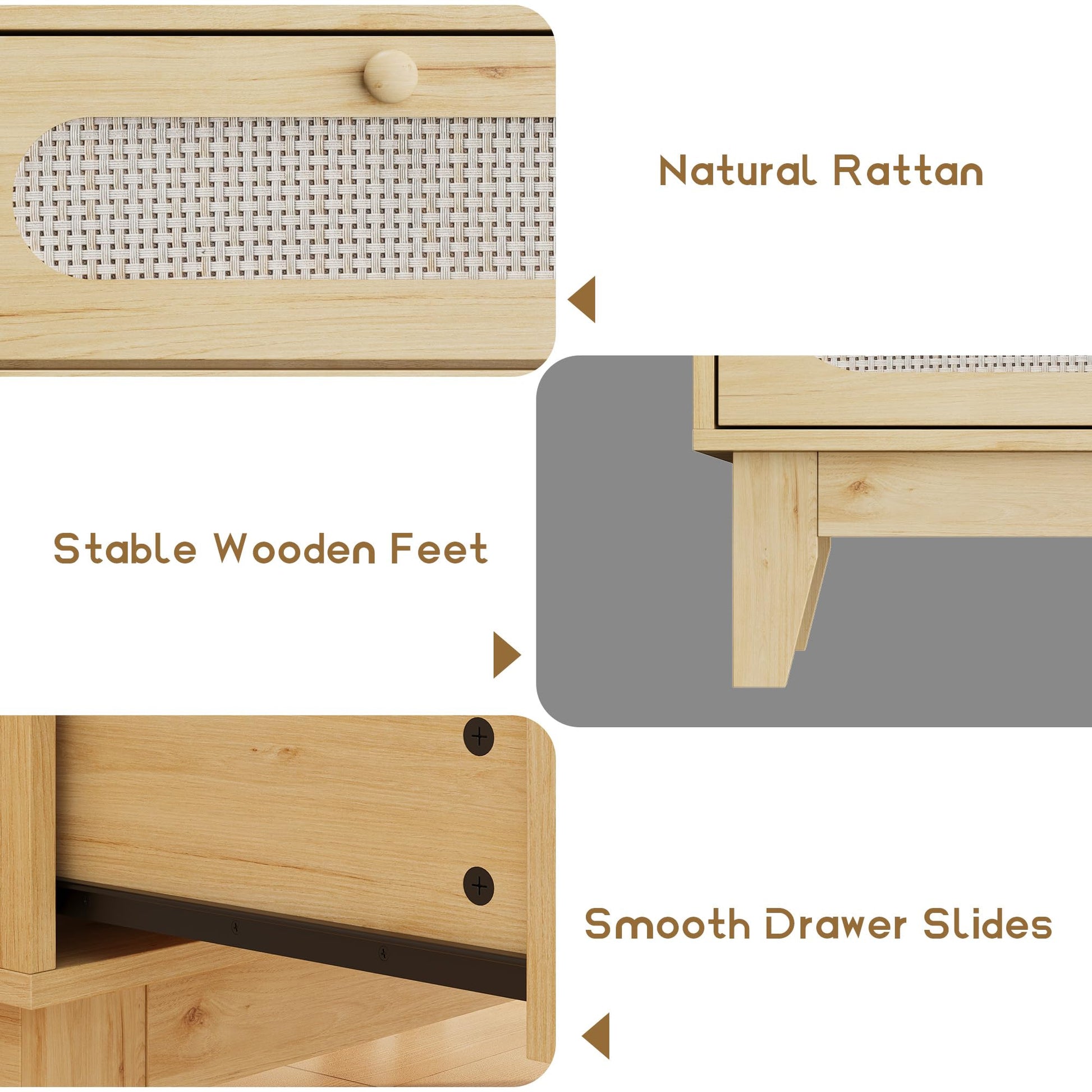 Cassettiera Garvee a 3 cassetti, in legno e rattan, design moderno, soggiorno e camera da letto, rovere chiaro, robusta e versatile