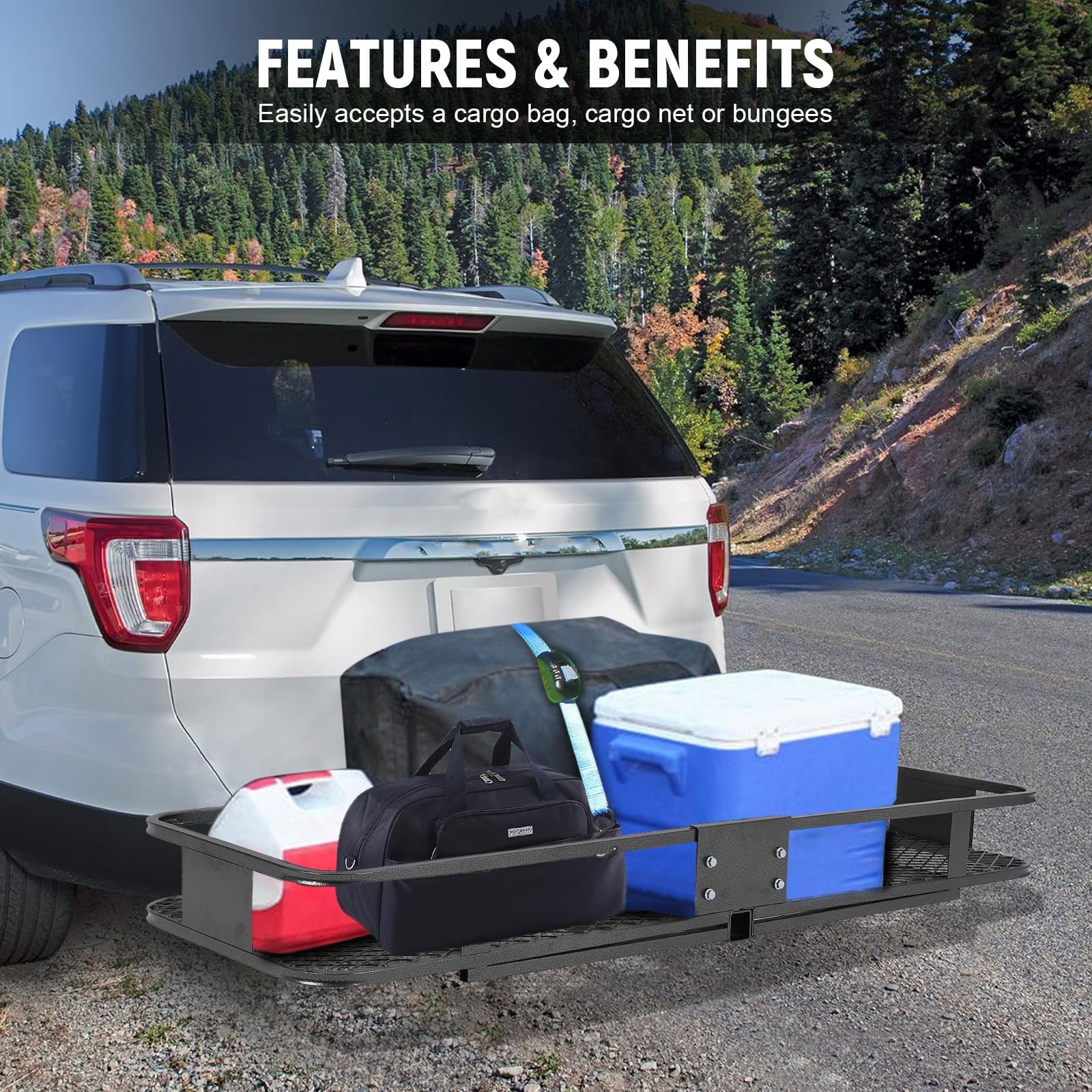 Cestino pieghevole in acciaio per rimorchio Garvee 60" x 20" x 5", resistente alla ruggine, per auto e campeggio, gancio di traino da 2", nero