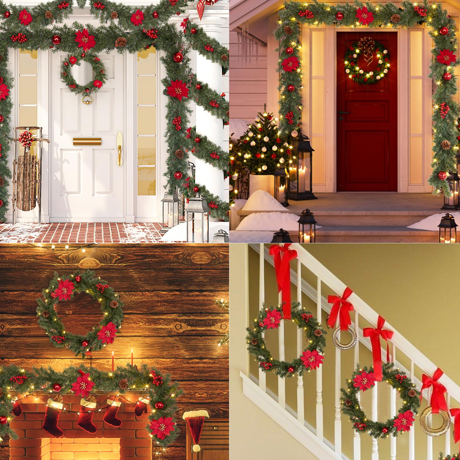 Ghirlanda natalizia Garvee da 6 piedi a LED, a batteria, in PVC, con stelle di Natale e palline, per camino e scale, flessibile, verde e rosso