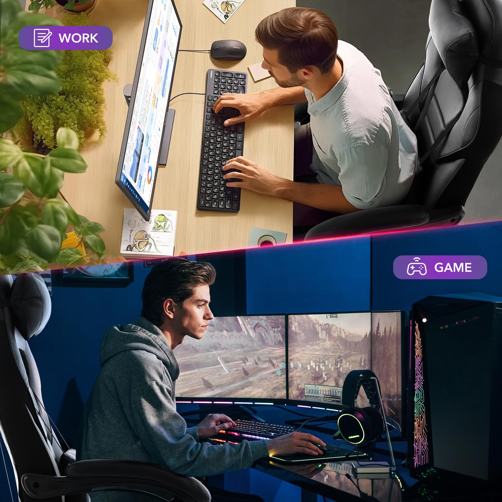 Sedia da ufficio Garvee grande e alta, sedia da gioco ergonomica con poggiapiedi per ufficio e casa, in similpelle, braccioli regolabili, girevole a 360°, altezza regolabile, nera