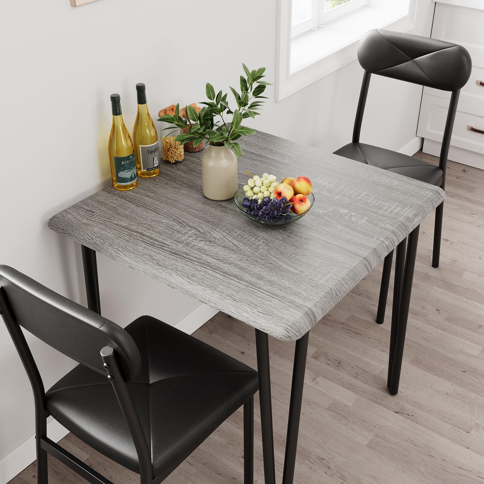 Set da pranzo Garvee per 2 persone con sedie imbottite, MDF e metallo, compatto per piccoli spazi, grigio vintage nero