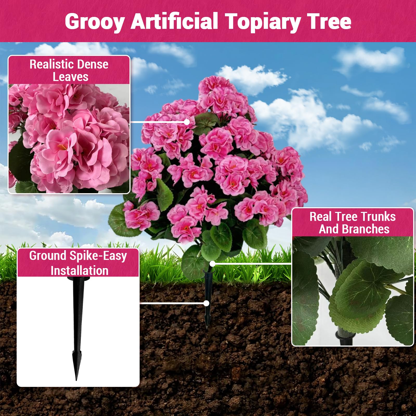 Alberi artificiali Garvee di begonia lavanda da 23'', in materiale PE resistente ai raggi UV e alle intemperie, con picchetto per giardino e terrazza, colore verde