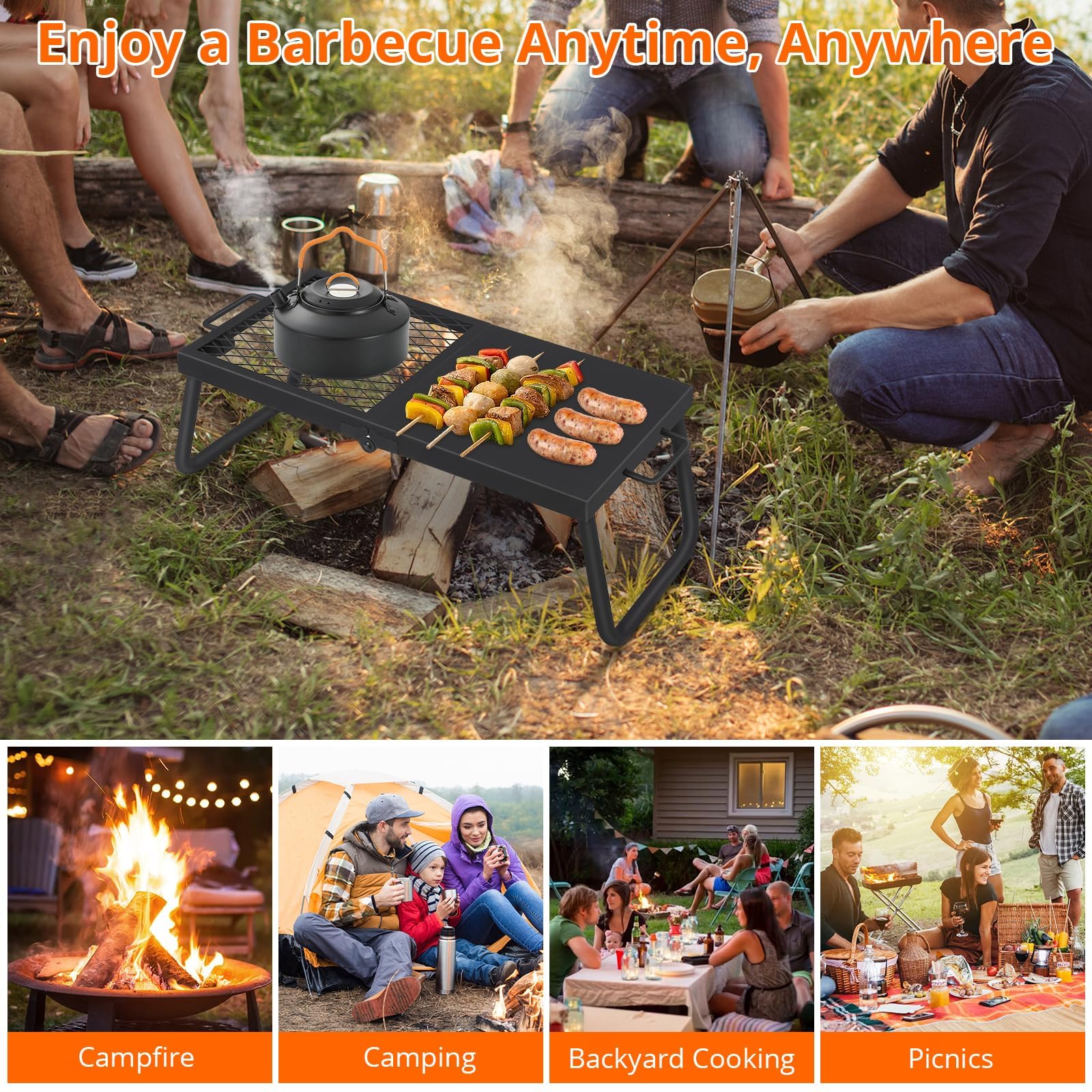 Griglia girevole per falò Garvee, regolabile a 360°, pieghevole, rete in acciaio, barbecue da esterno, campeggio, portatile, nero