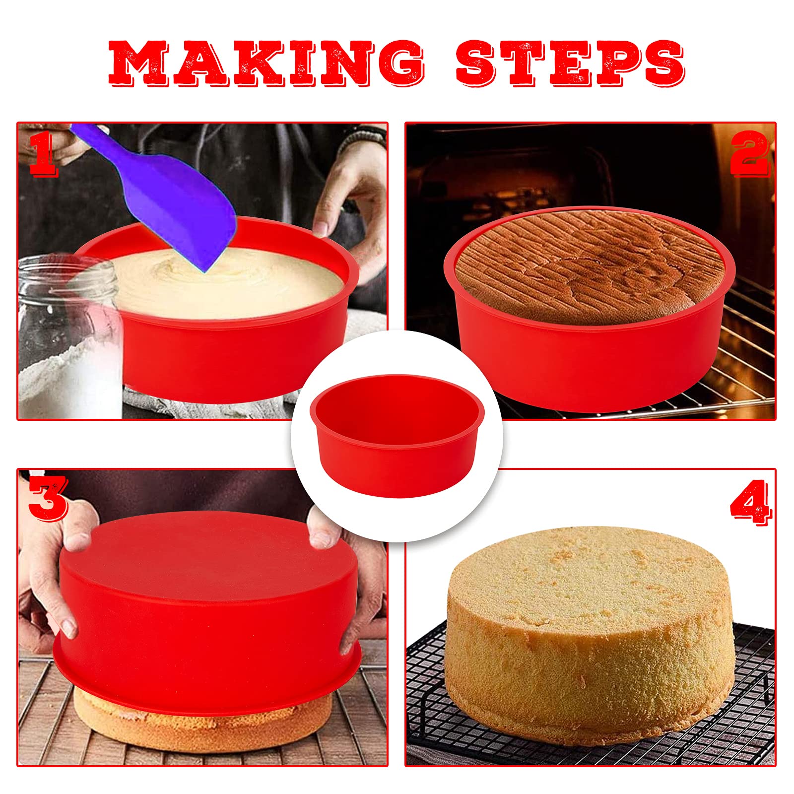 Stampo per torta in silicone Garvee da 2 pezzi, rotondo da 6 pollici, rosso | Antiaderente e a sgancio rapido | Riutilizzabile per feste e dolci