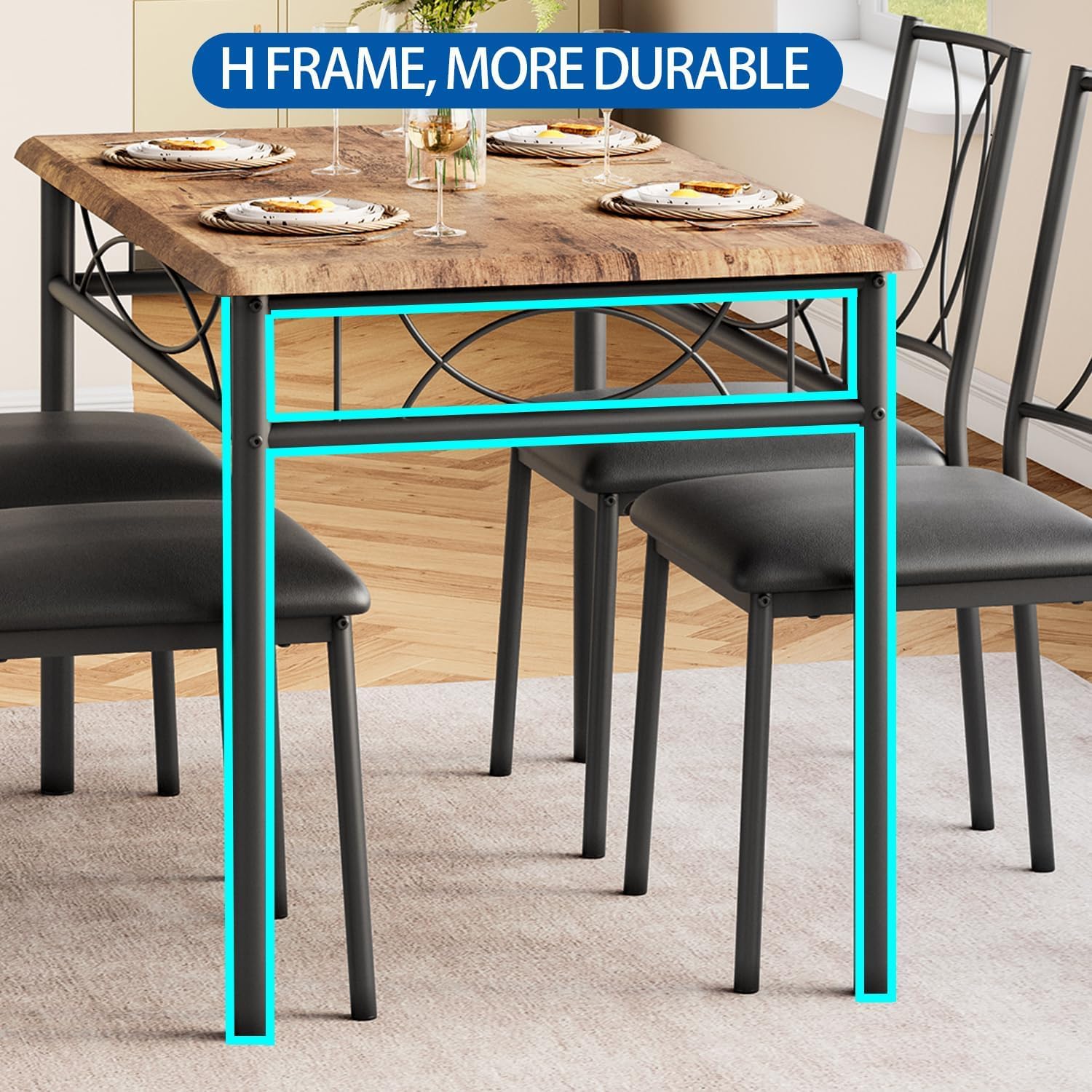 Set da pranzo Garvee per 4 persone con tavolo rettangolare in legno e sedie imbottite, struttura in metallo, marrone retrò, salvaspazio per appartamenti