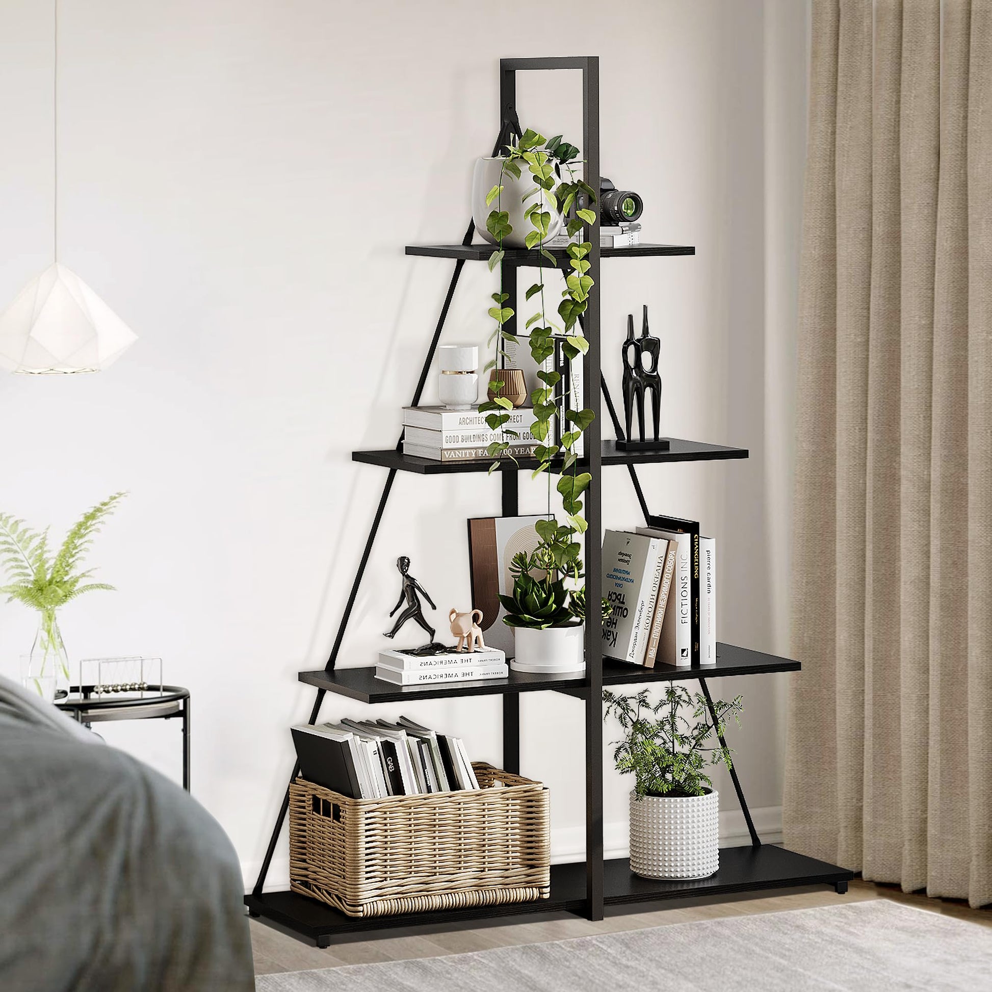 Libreria Garvee a 4 ripiani, design a scala, legno robusto, a forma di A, soggiorno, ufficio, camera da letto, nera, versatile