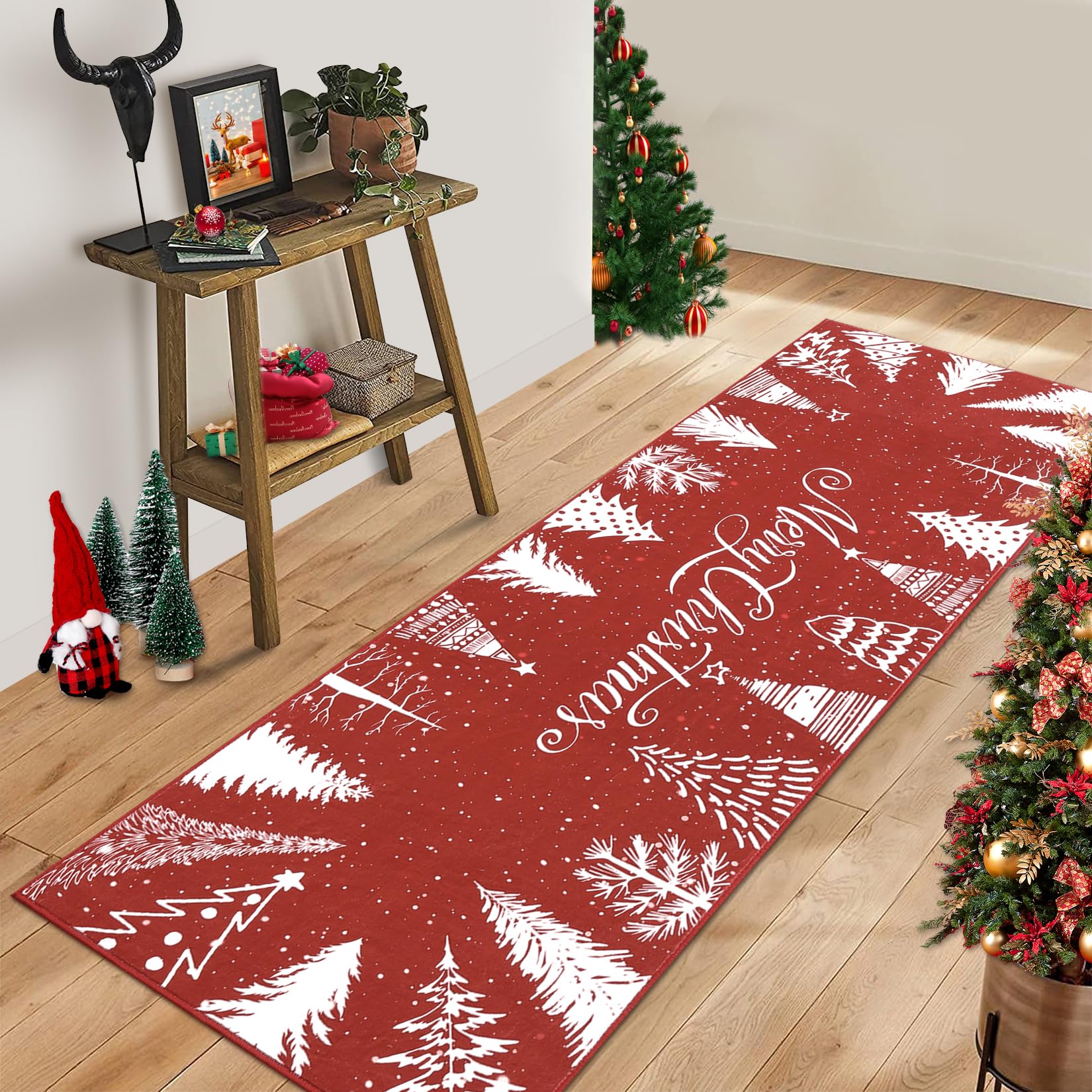 Garvee Tappeto antiscivolo romantico con albero di Natale e fiocchi di neve per soggiorno, camera da letto, cucina, corridoio, ufficio, rosso 60x180 cm