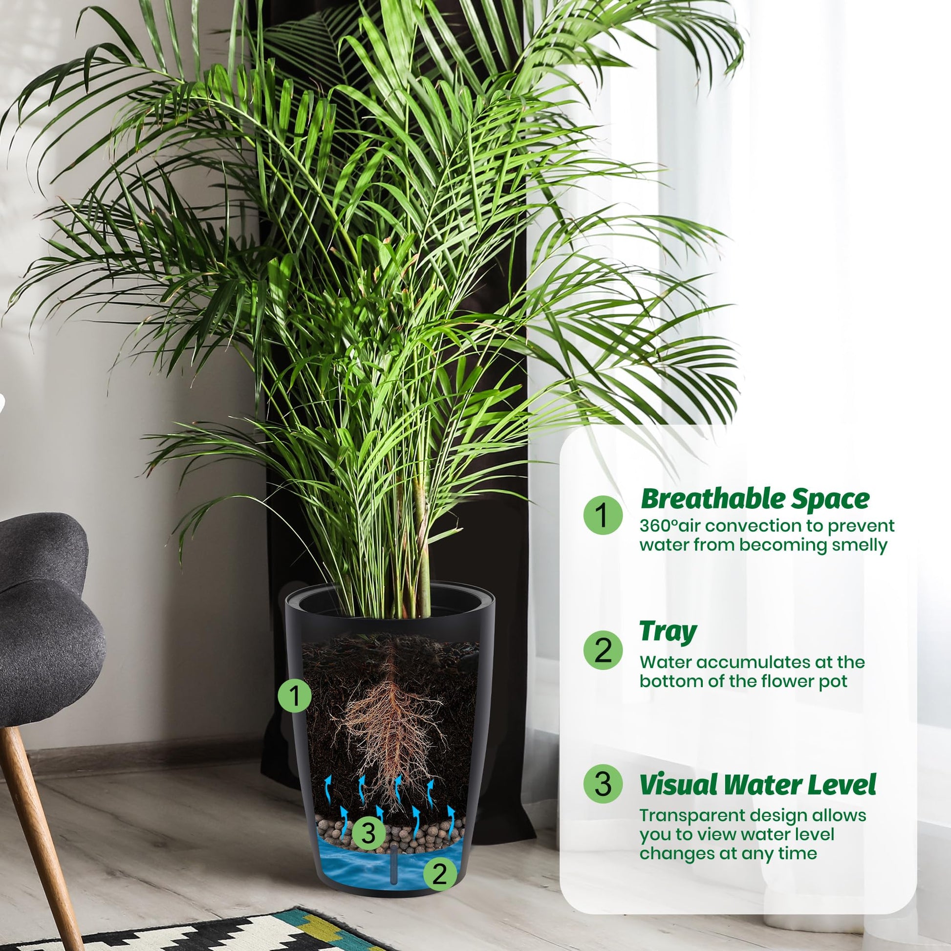 Set di fioriere autoirriganti Garvee alte 16" con indicatore del livello dell'acqua visibile per interni e patio, nere, robuste e ventilate