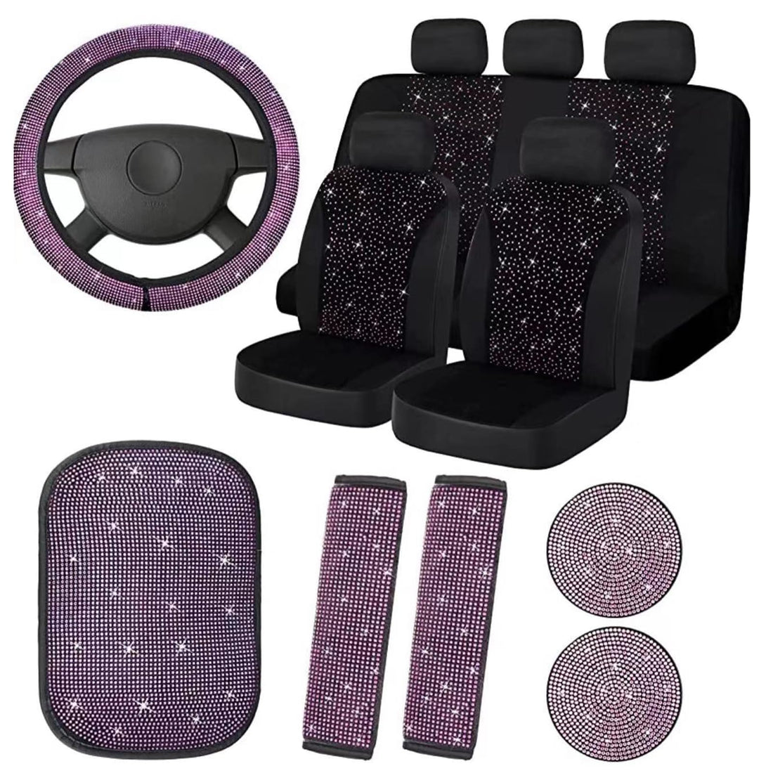 Garvee - Set di 15 coprisedili auto scintillanti per donna, coprivolante in cristallo, materiale in velluto, traspirante, interni auto universali