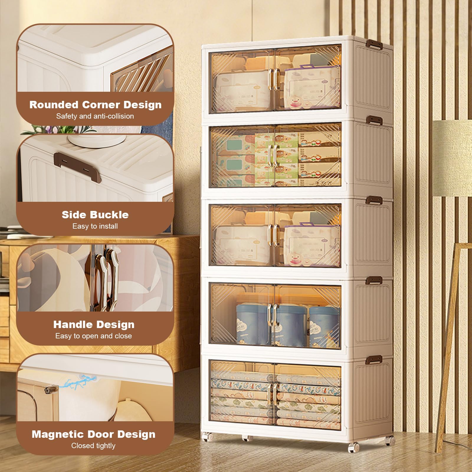 Garvee Scatole portaoggetti impilabili a 5 ripiani con ruote, pieghevoli, ante magnetiche per soggiorno e camera da letto, 45x27x116 cm, trasparenti