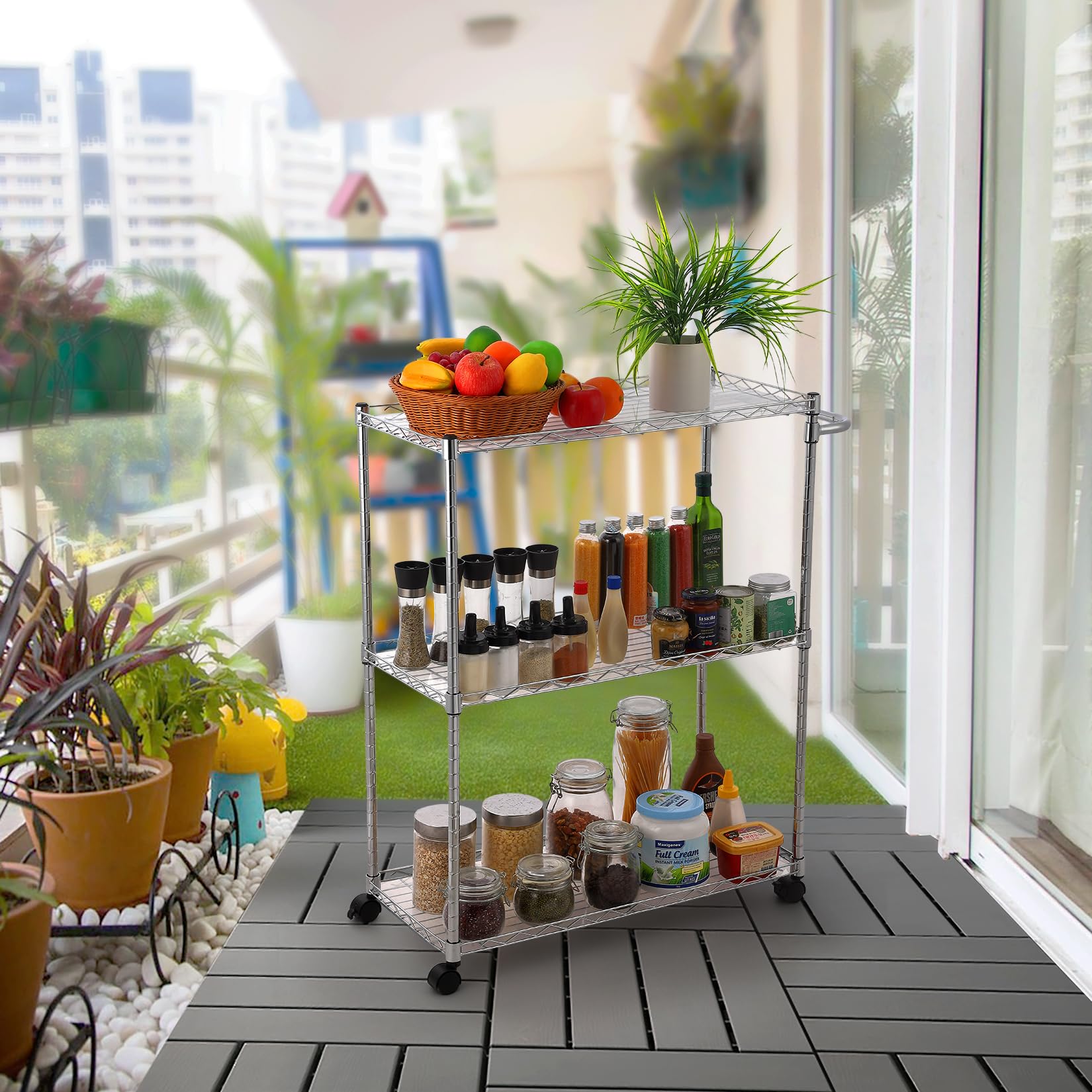 Carrello multifunzionale Garvee a 3 ripiani con ruote, ripiani regolabili, rete metallica, antiruggine, per cucina e uso commerciale, 75x35x90 cm, cromato