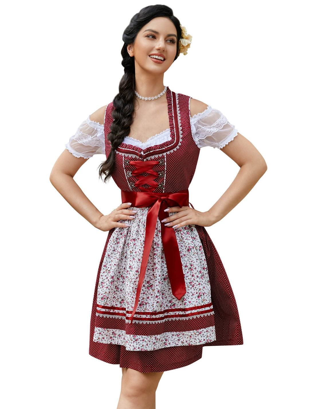 Garvee Abito tradizionale da donna Dirndl Midi Borgogna Floreale Taglia 34 - Set tre pezzi Abito Camicetta Grembiule per l'Oktoberfest