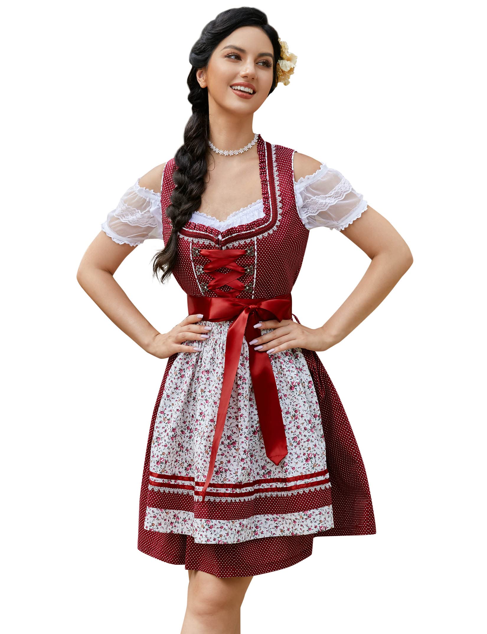Garvee Abito tradizionale da donna Dirndl Midi Borgogna Floreale Taglia 34 - Set tre pezzi Abito Camicetta Grembiule per l'Oktoberfest