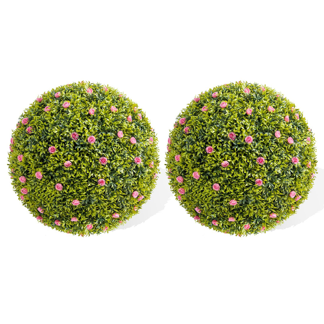 Garvee - Set di 2 palline di bosso artificiale da 16,5" con fiori rosa, in materiale PE resistente ai raggi UV, senza manutenzione, per balcone e giardino