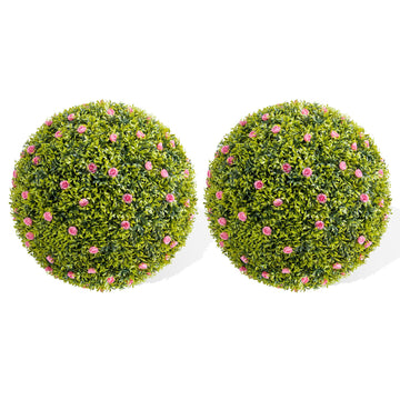 Garvee - Set di 2 palline di bosso artificiale da 16,5" con fiori rosa, in materiale PE resistente ai raggi UV, senza manutenzione, per balcone e giardino