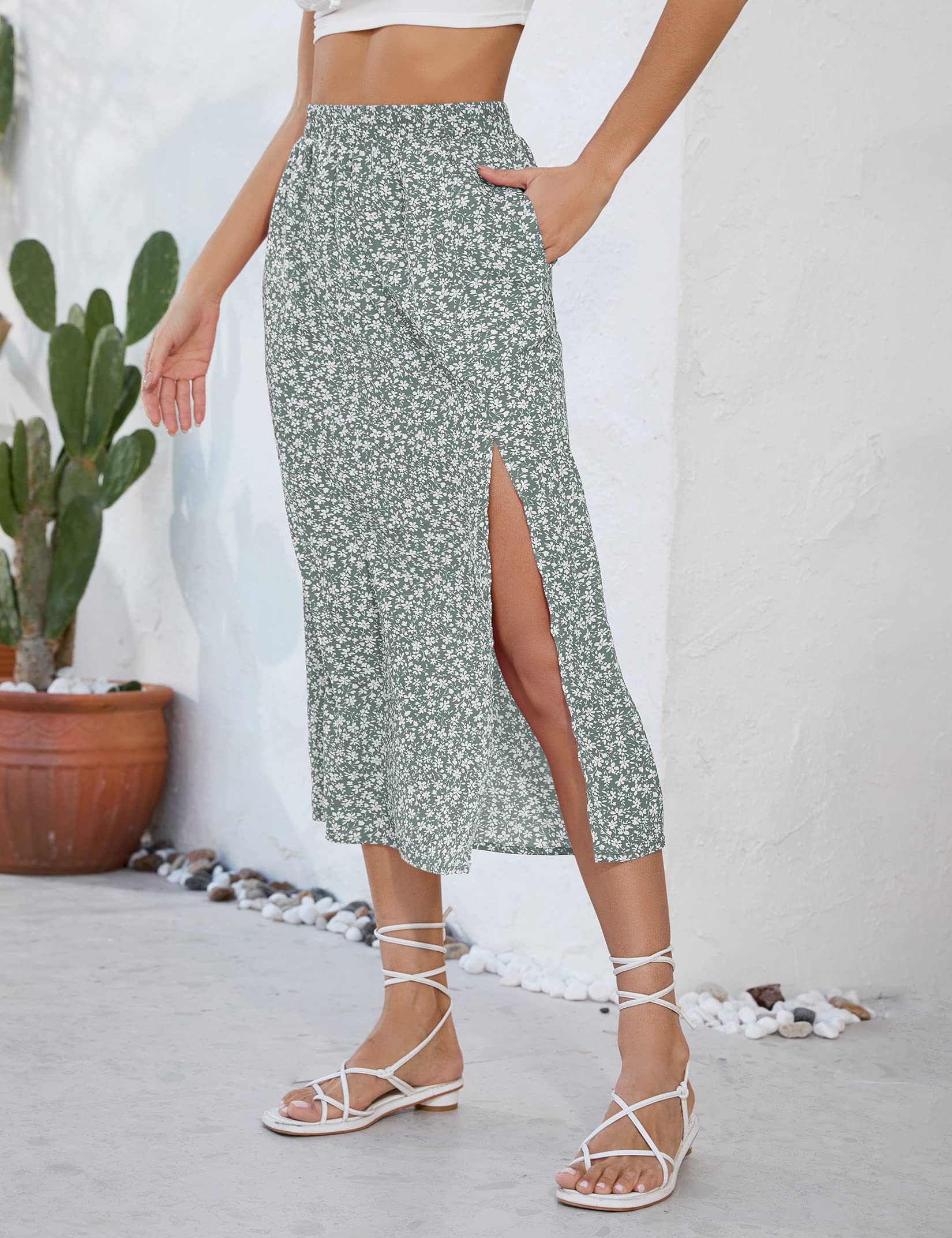 Gonna midi svasata da donna Garvee con spacco, motivo floreale, da spiaggia, casual, vita alta, confezione multipla