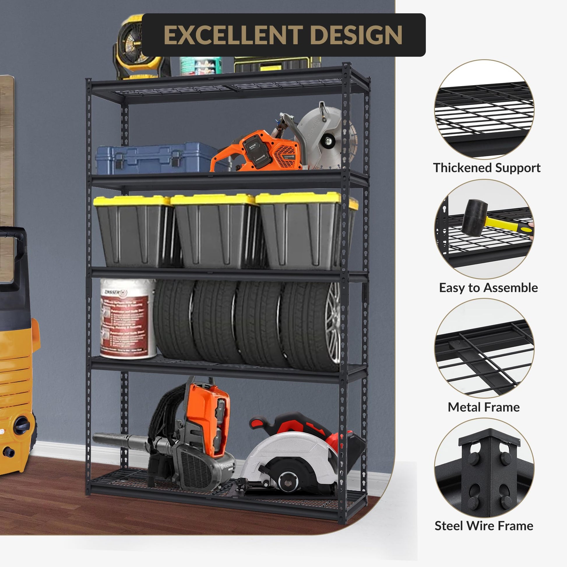 Sistema di scaffalature per garage Garvee Heavy Duty, ripiani in metallo regolabili per officina, cantina, garage, 48x18x72 pollici, nero