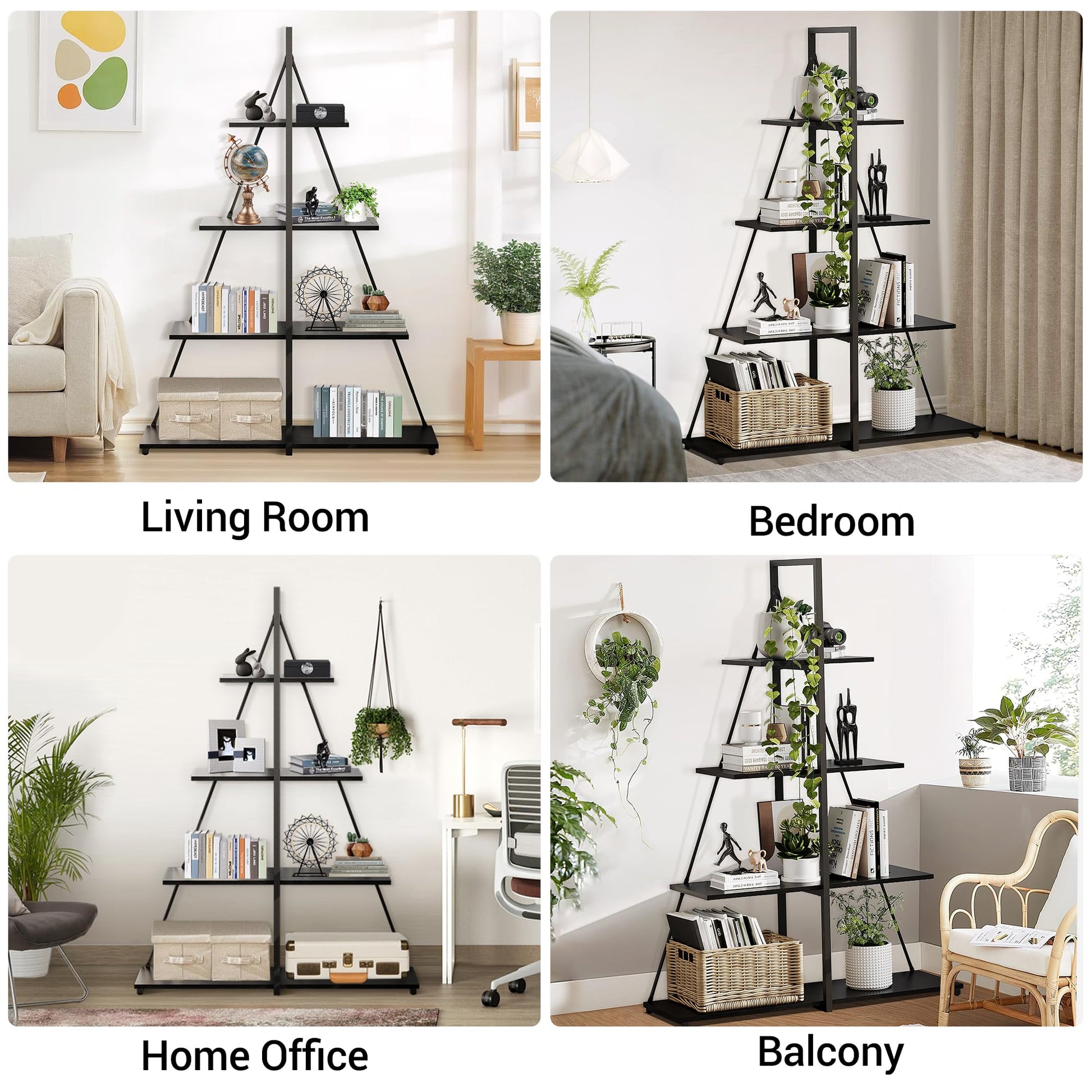 Libreria Garvee a 4 ripiani, design a scala, legno robusto, a forma di A, soggiorno, ufficio, camera da letto, nera, versatile