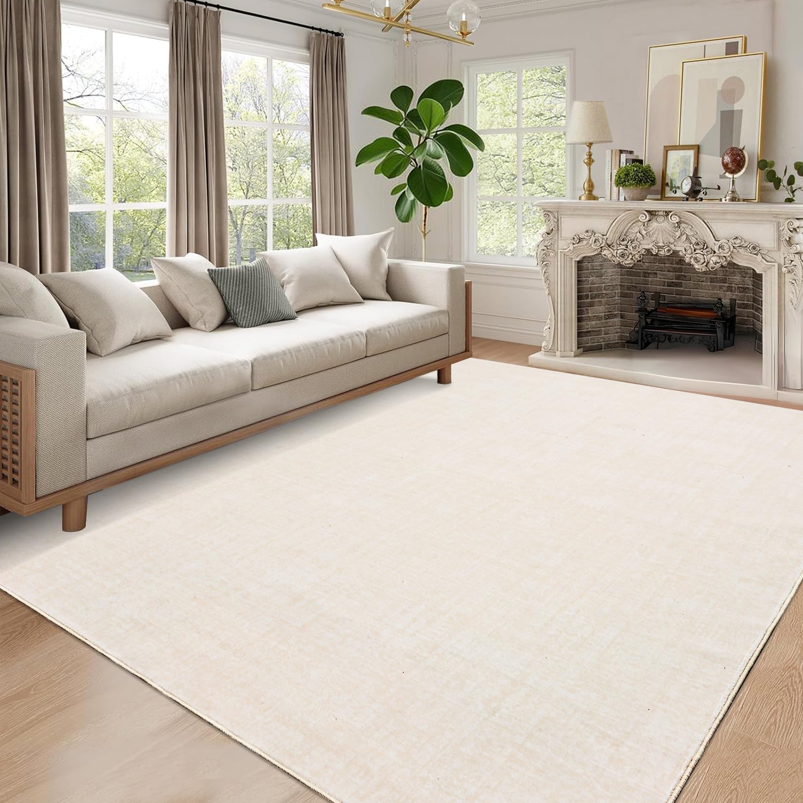 Tappeto Garvee lavabile 8x10 per soggiorno e sala da pranzo, moderno, antiscivolo, antimacchia, beige, pelo corto, poliestere