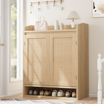 Garvee, moderno portascarpe in rattan con ripiani regolabili, in legno MDF, antipolvere per corridoio e soggiorno, 80,01 cm L x 40,01 cm W x 100,08 cm H, marrone boho e rustico