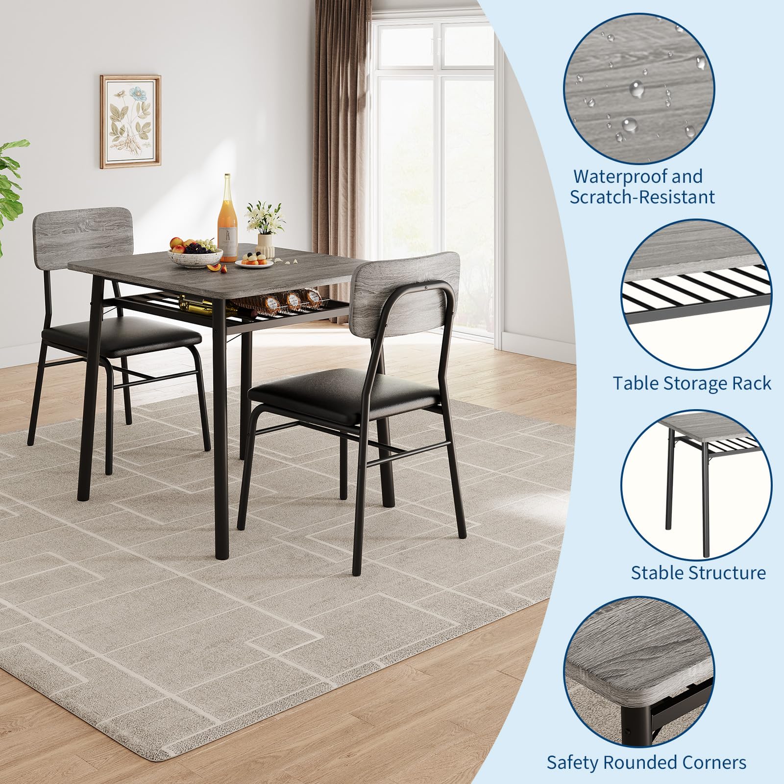 Tavolo da pranzo Garvee per 2 persone con contenitore, struttura in metallo, sedie imbottite, piano in legno MDF, grigio, cucine e appartamenti piccoli