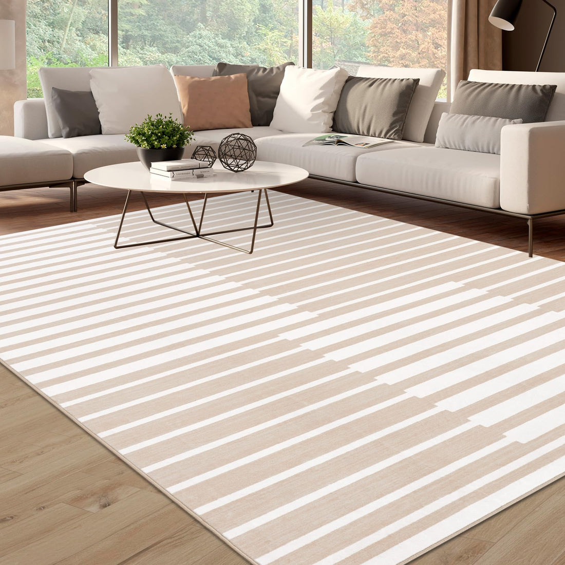 Tappeto per soggiorno Garvee, pelo corto, lavabile, 160x230 cm, beige, antiscivolo, arredamento moderno