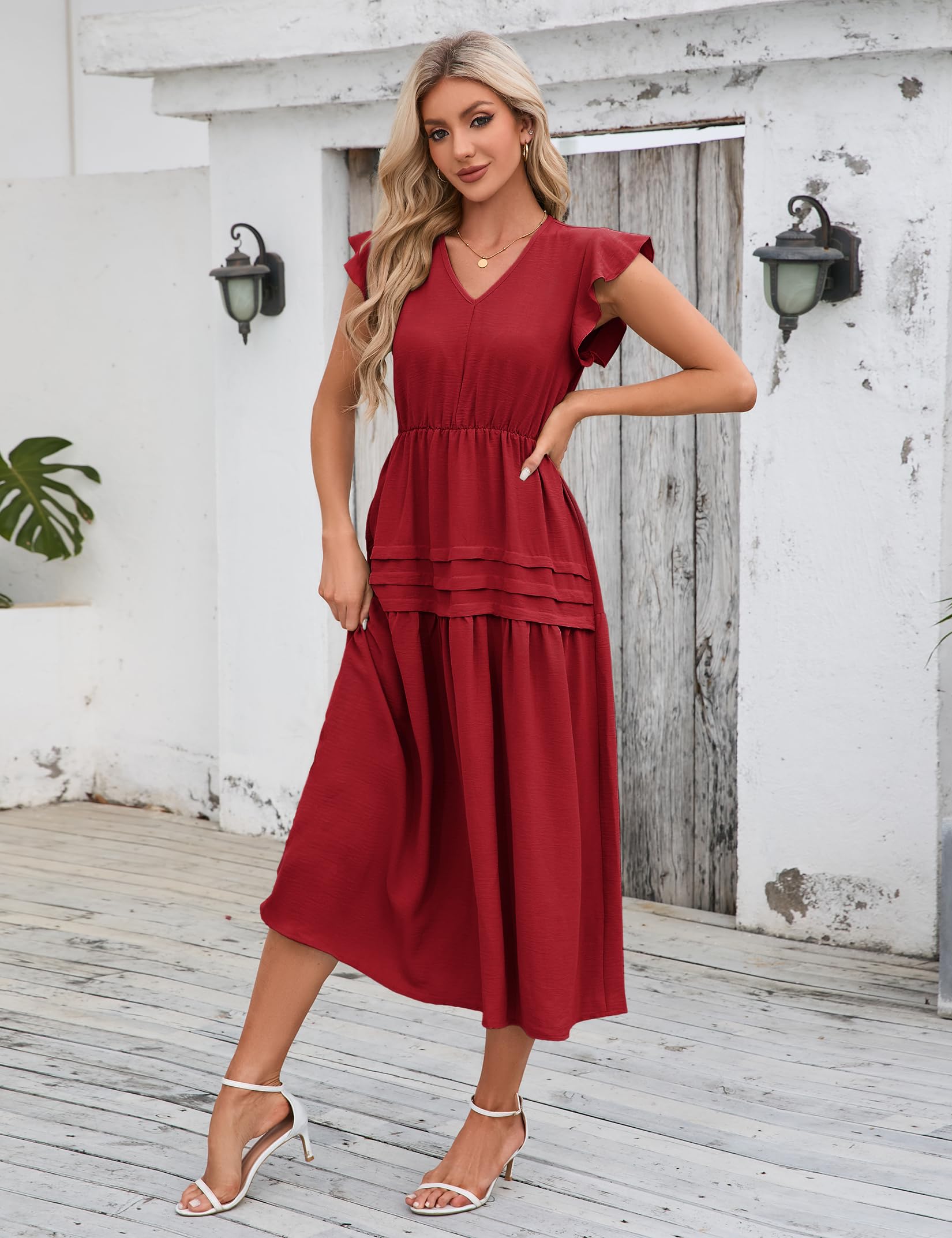 Abito estivo retrò alla moda da donna Garvee con maniche fluenti, elegante, rosso vino, taglia M