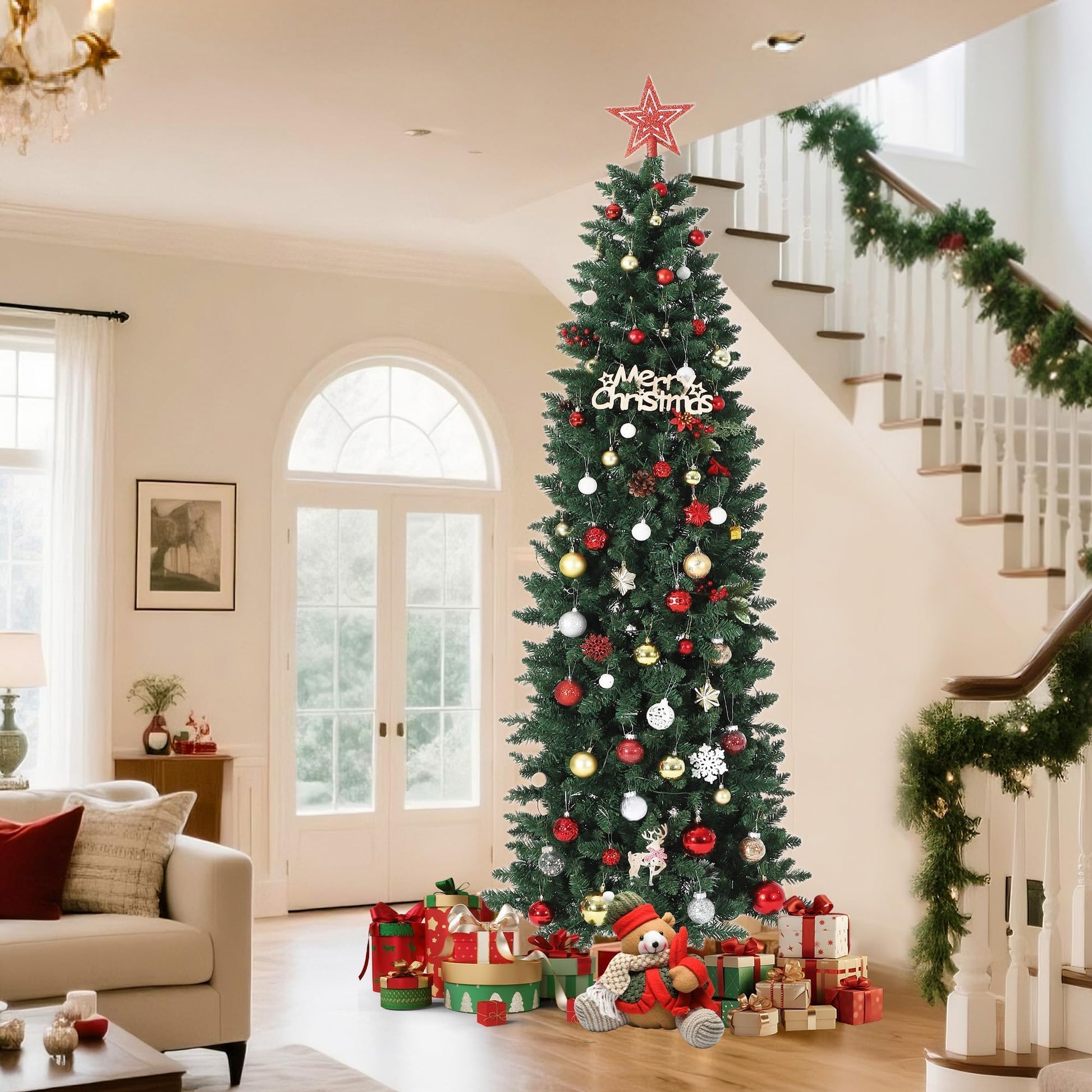 Albero di Natale artificiale Garvee da 230 cm con 250 luci LED, supporto in metallo, albero di Natale preilluminato, rami di abete in PVC, verde, per casa, ufficio, negozi, hotel