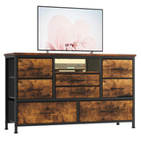 Cassettiera Garvee con 8 cassetti, mobile TV con luce LED, 3 prese e 2 porte USB per soggiorno, corridoio, camera da letto, marrone, robusta struttura in metallo, piano in legno - Marrone