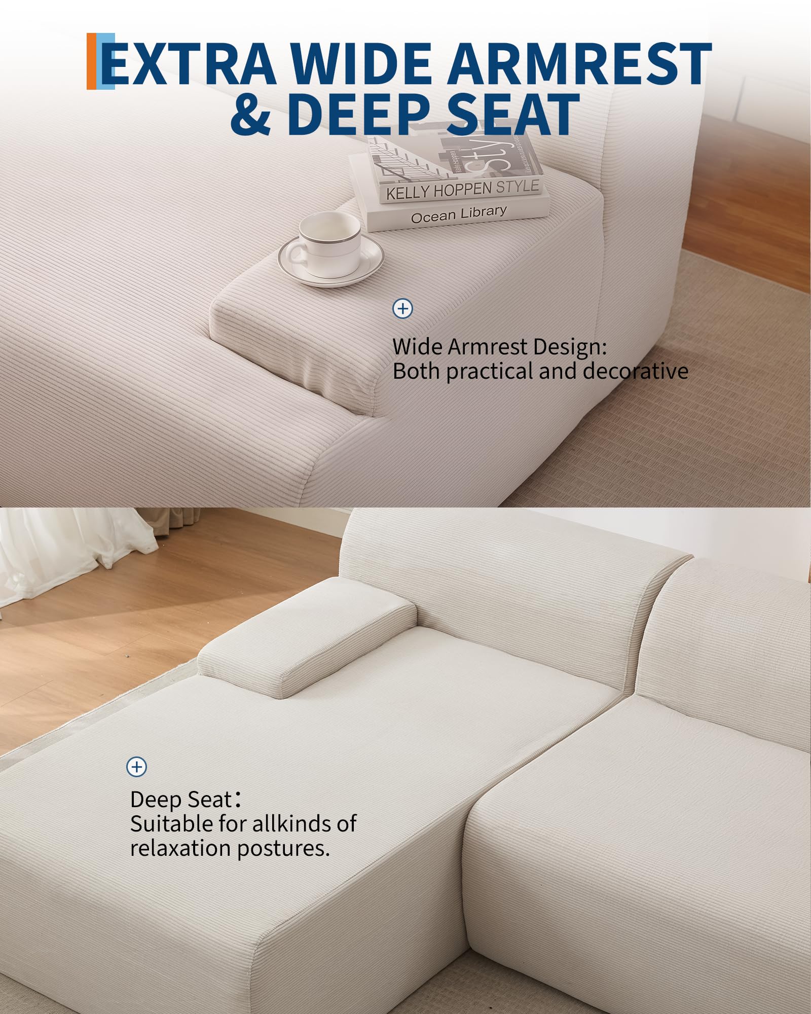 Divano componibile Garvee Cloud da 108" con chaise longue - Divano super morbido senza osso, velluto a coste, bianco, soggiorno, a L