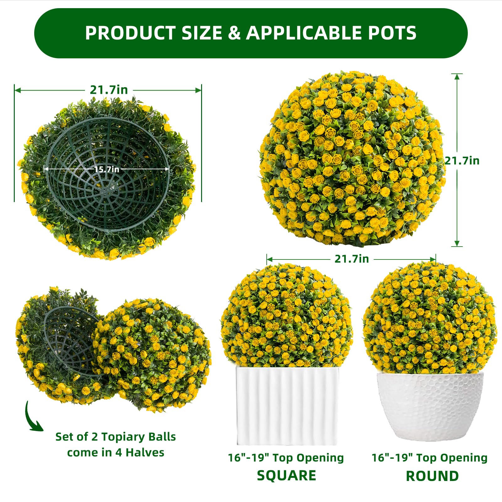 Garvee 21,6" Set di 2 palline di fiori artificiali per topiaria - Grandi, da appendere, in materiale PE, senza manutenzione, gialle, per uso interno ed esterno, per matrimoni e casa