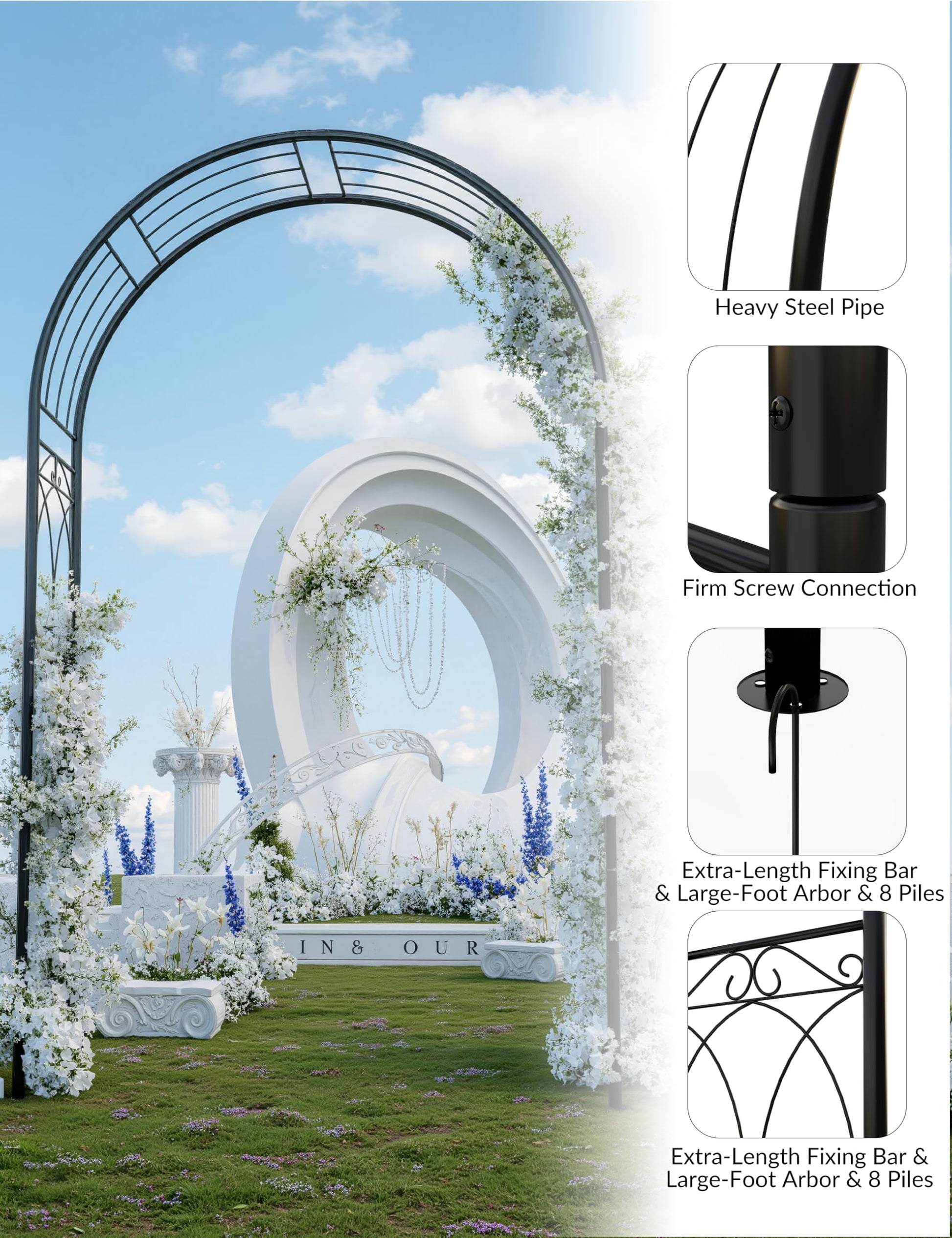 Arco da giardino Garvee da 8 piedi in acciaio, verniciato a polvere, resistente a tutte le intemperie, con picchetti per giardino e matrimoni, larghezza 150 cm, altezza 240 cm, nero