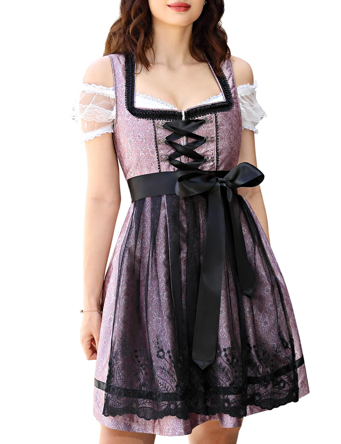 Garvee Dirndl Midi da donna, abito tradizionale da 3 pezzi con camicetta e grembiule in pizzo per l'Oktoberfest, varie taglie