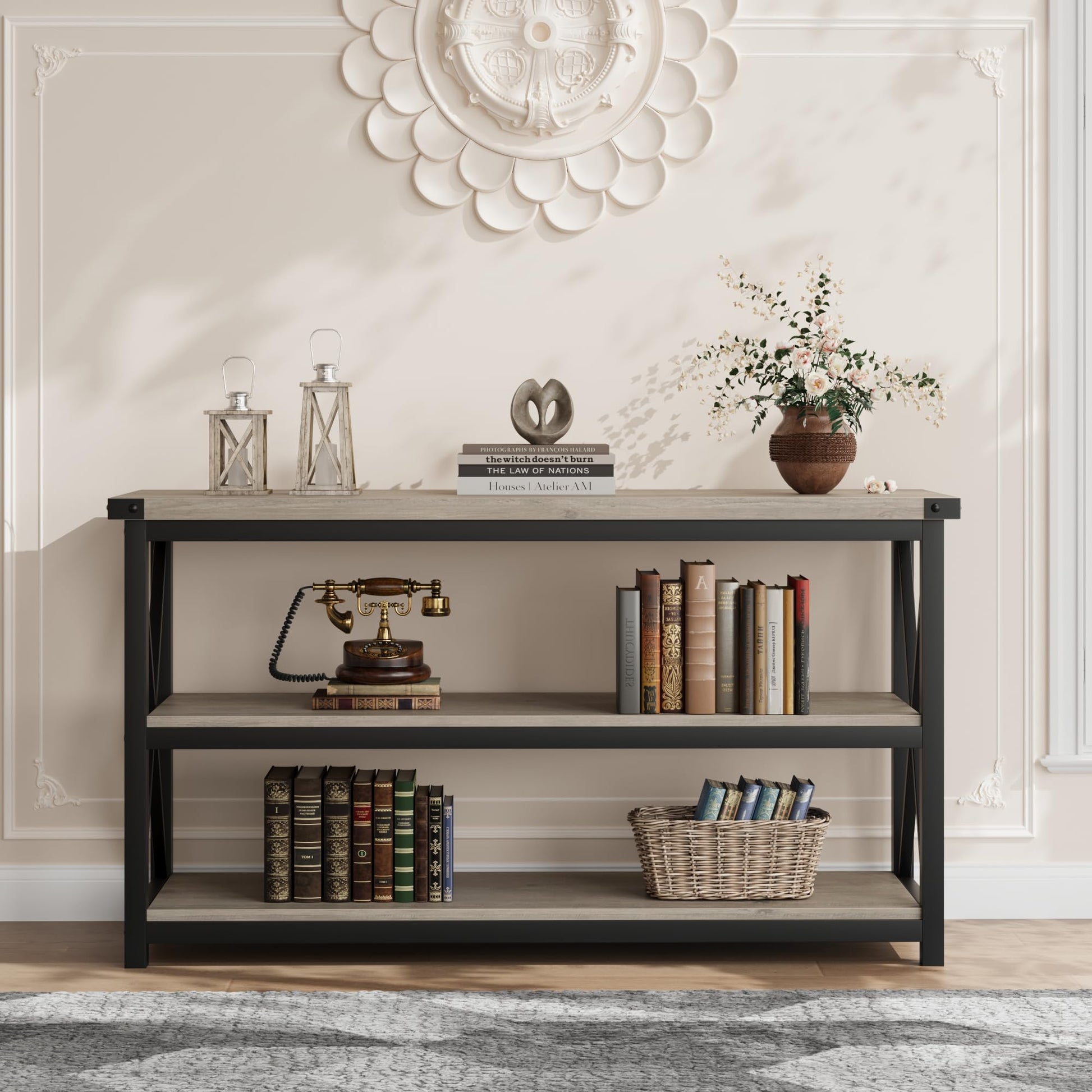 Tavolo consolle lungo industriale Garvee da 47" a 3 livelli con spazio di archiviazione per corridoio e soggiorno, marrone rustico