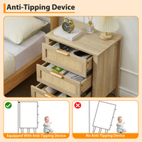 Comodino Garvee in rattan con 3 cassetti in vimini naturale, struttura in legno robusto per camera da letto e soggiorno, moderno, versatile, marrone