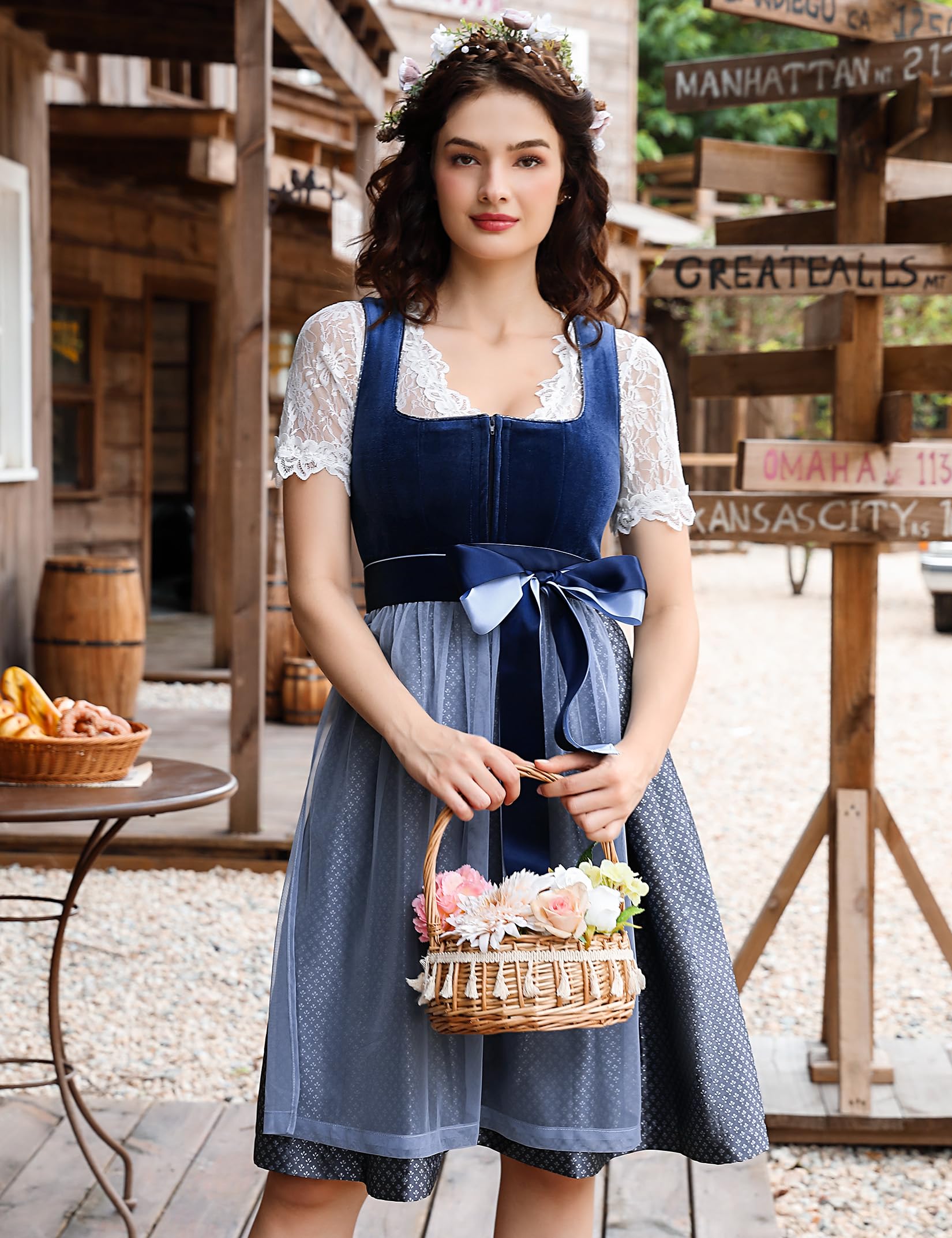 Garvee Dirndl, abito tradizionale da donna, corto e midi, 3 pezzi. Per l'Oktoberfest, grigio bluastro, taglia 46