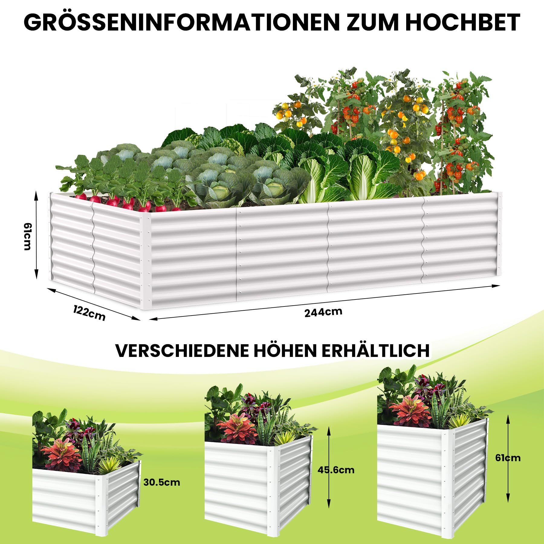 Aiuola rialzata Garvee, in metallo, 240 x 120 x 60 cm, fioriera da esterno per verdure, fiori ed erbe aromatiche, rettangolare, verniciata a polvere, antiruggine