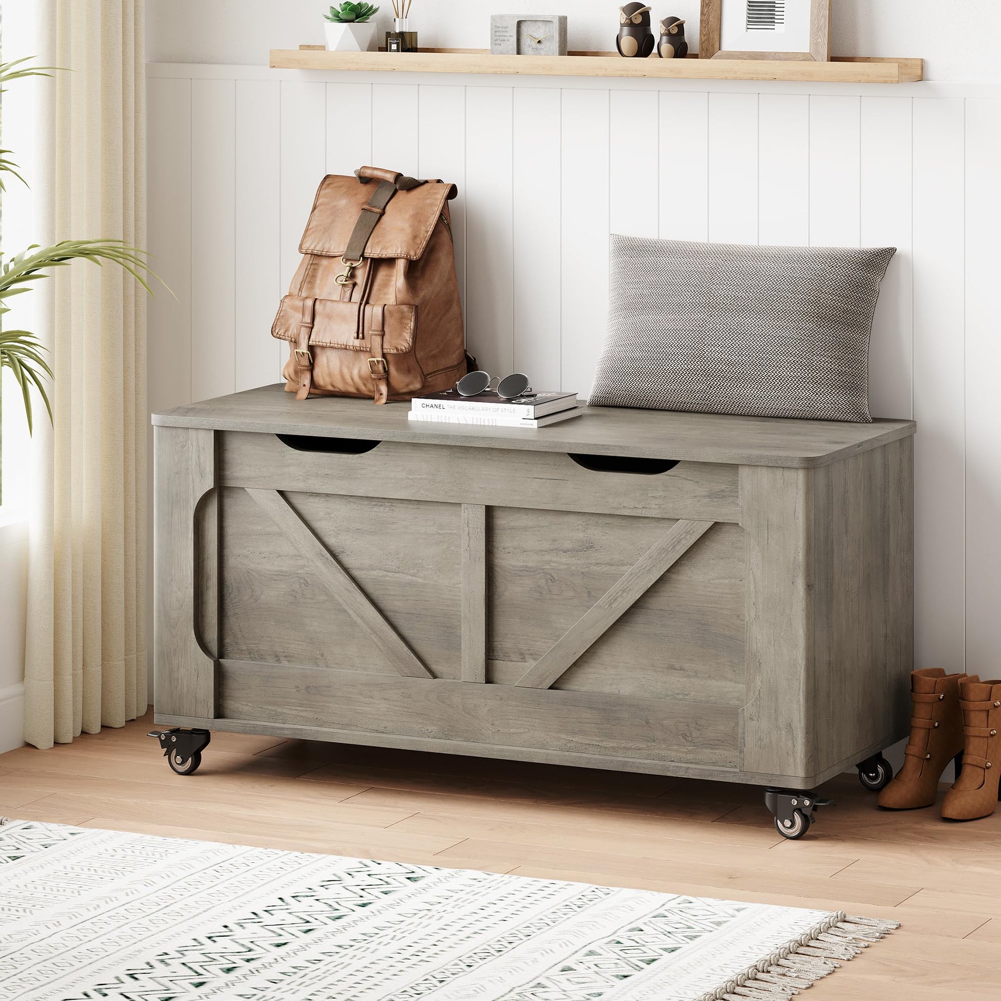 Panca portaoggetti Garvee con ruote, cassapanca in legno da 39,4", capacità di carico di 350 libbre, grigia, per corridoio e soggiorno, versatile