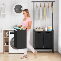 Garvee Laundry Sorter, cesto portabiancheria a 2 sezioni con asta appendiabiti e ripiano in legno per lavanderia, 2 x 49.2 L, nero