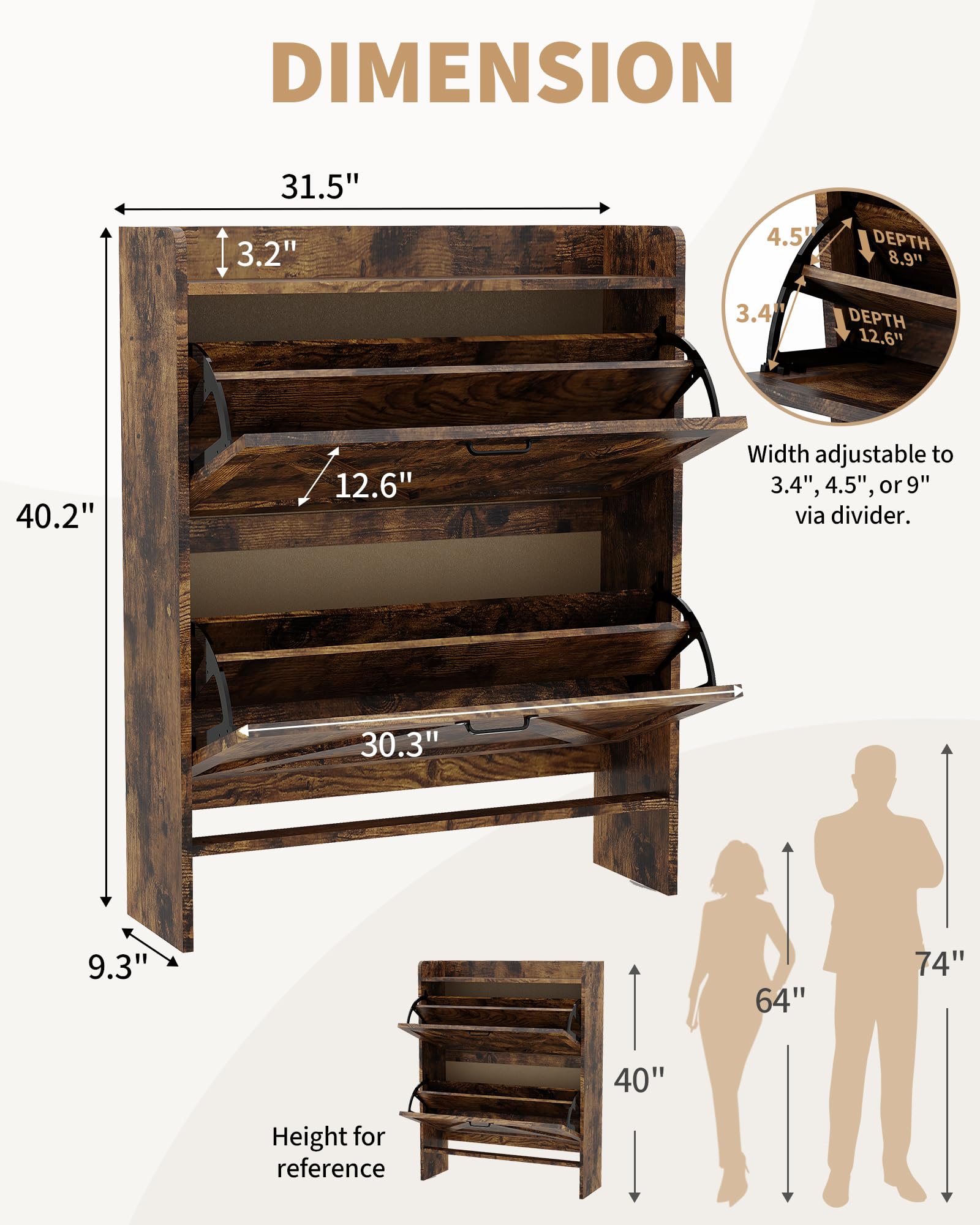 Garvee Scarpiera con 2 cassetti pieghevoli, scarpiera rustica marrone in stile fattoria per corridoio e ingresso, salvaspazio