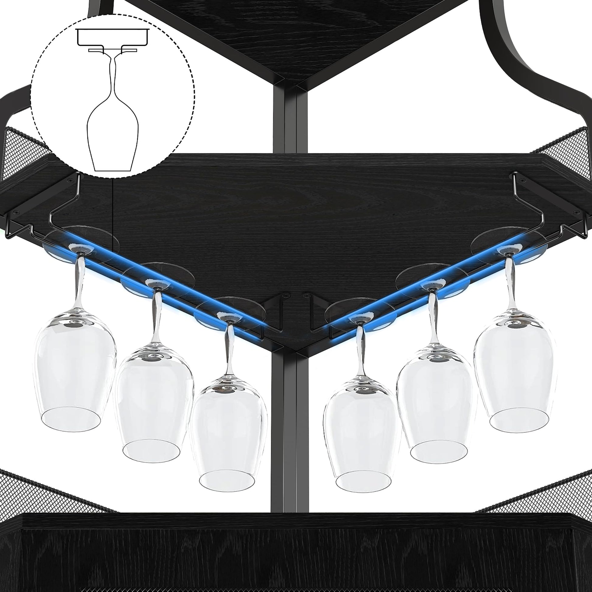 Mobiletto angolare portaoggetti Garvee, 5 ripiani con portabicchieri, ripiani regolabili, struttura in metallo, MDF, porta a battente, nero, per soggiorno e cucina, 47,2 x 45,7 x 152,4 cm