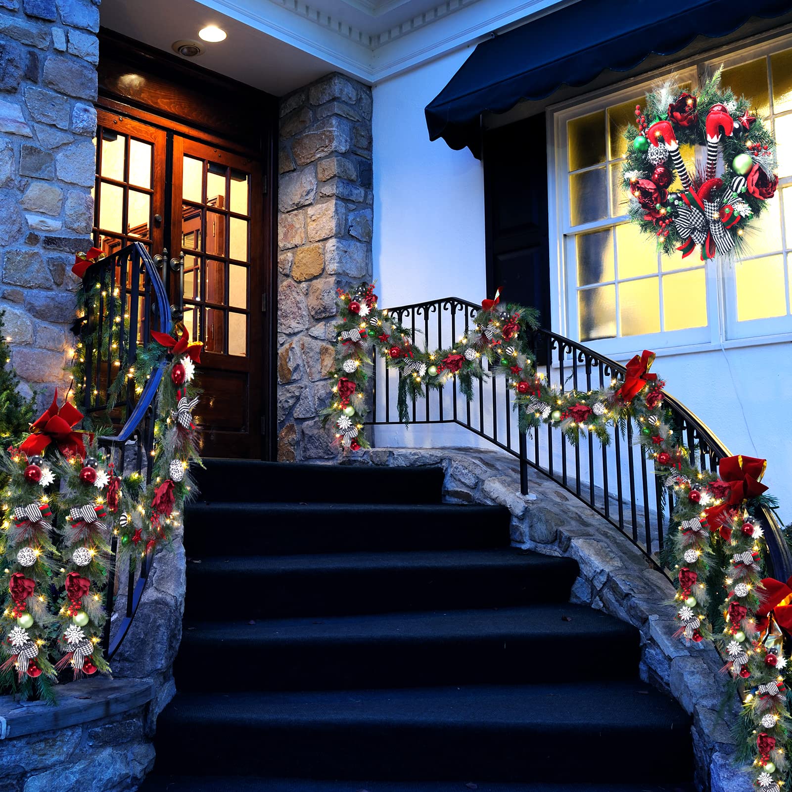 Ghirlanda natalizia preilluminata Garvee con 20 luci LED, 1,8 m, a batteria, timer, rosso e oro, per uso interno ed esterno