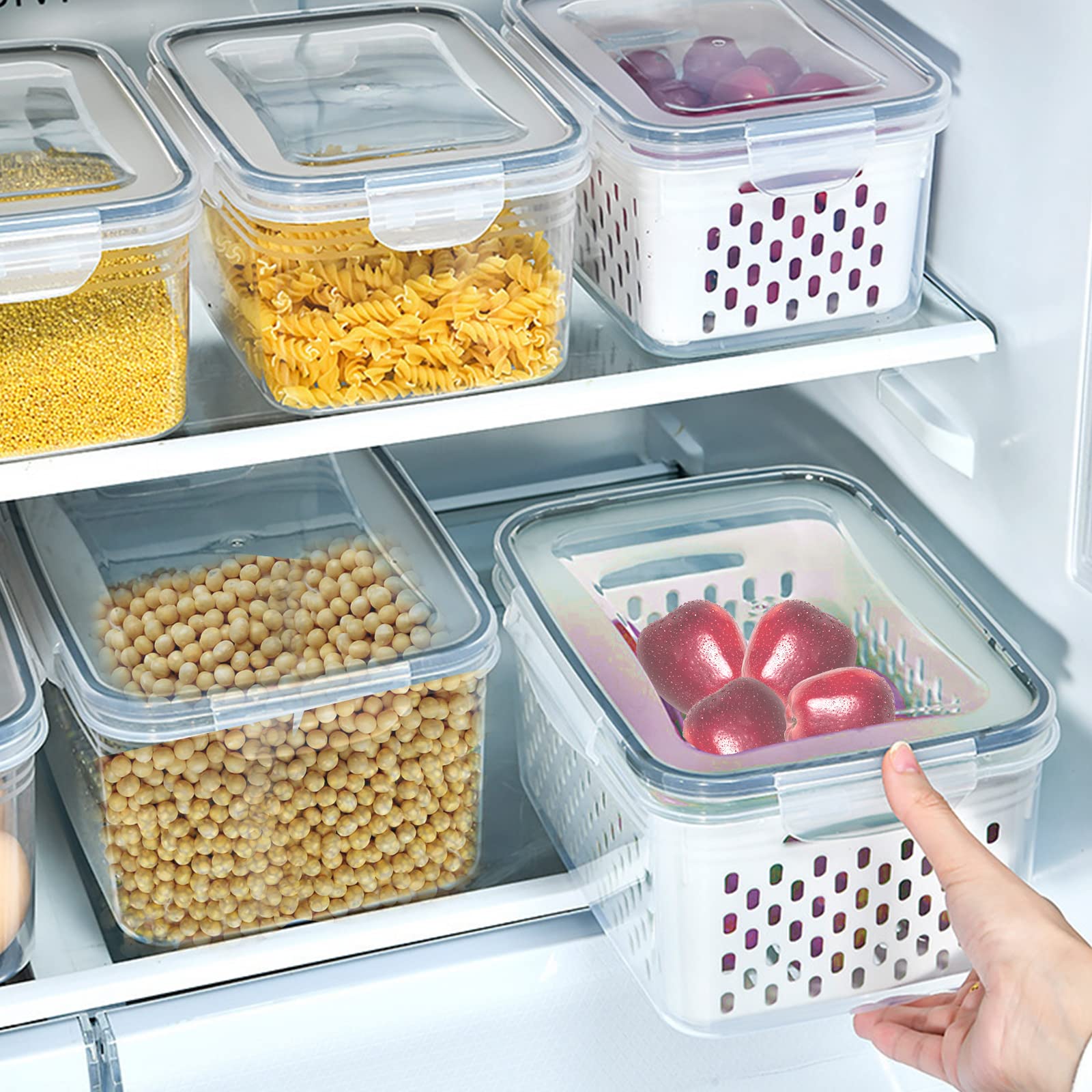 Contenitore per alimenti Garvee da 3 pezzi per frutta e verdura con cestello filtrante, coperchio ermetico, plastica, organizer per frigorifero, uso versatile