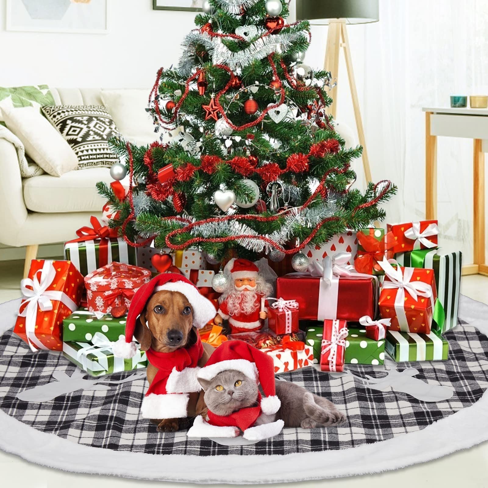 Gonna per albero di Natale Garvee da 48 pollici a quadri bianchi e neri con rifiniture in pelliccia sintetica bianca e motivi di renne argentate per feste e celebrazioni in famiglia