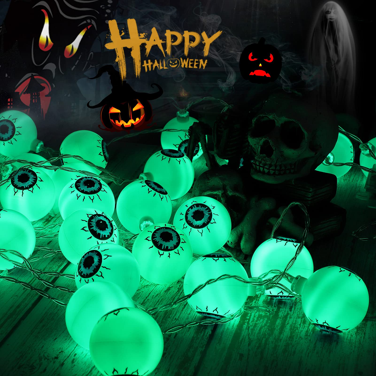 Garvee Luce LED Halloween Augapfel 5m 30 LED 8 Modi Batteria IP44 Verde Interno Esterno Festa