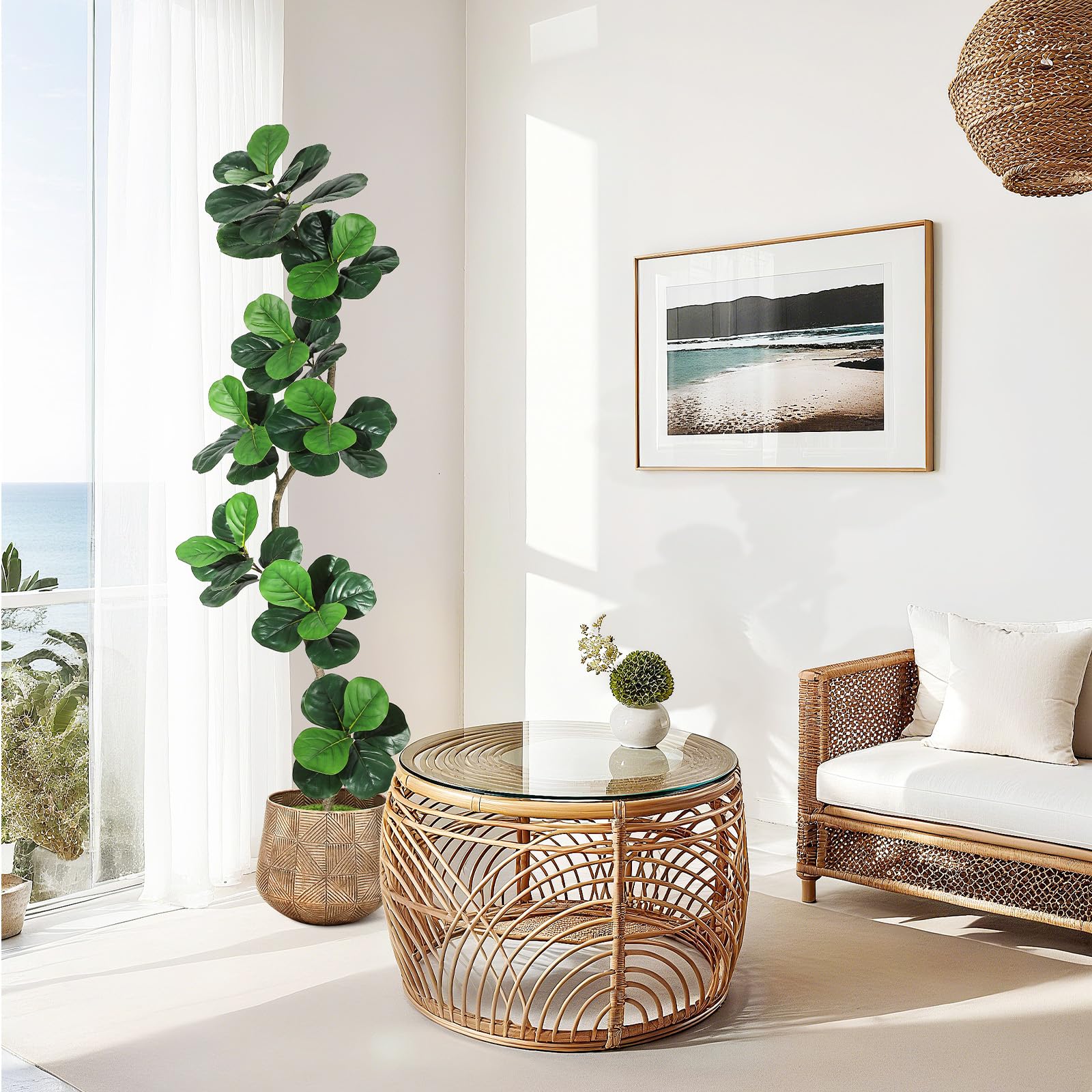 Albero di fico artificiale Garvee a foglia di violino da 7 piedi con vaso bianco, foglie realistiche, resistente alle intemperie per casa e ufficio