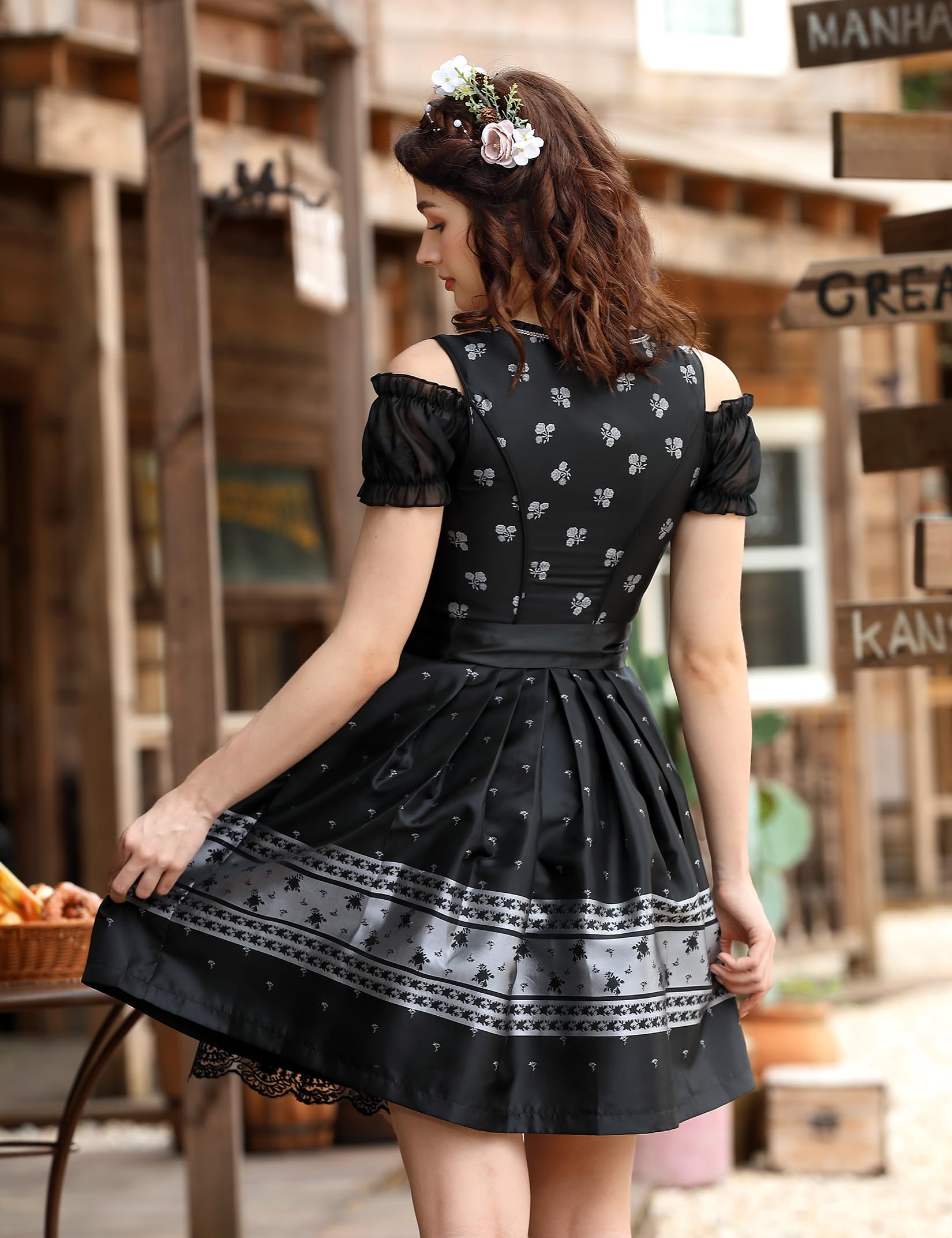 Garvee Dirndl da donna, set completo Dirndl midi da 3 pezzi, abito tradizionale con grembiule, camicetta, vestito, nero, taglia 34