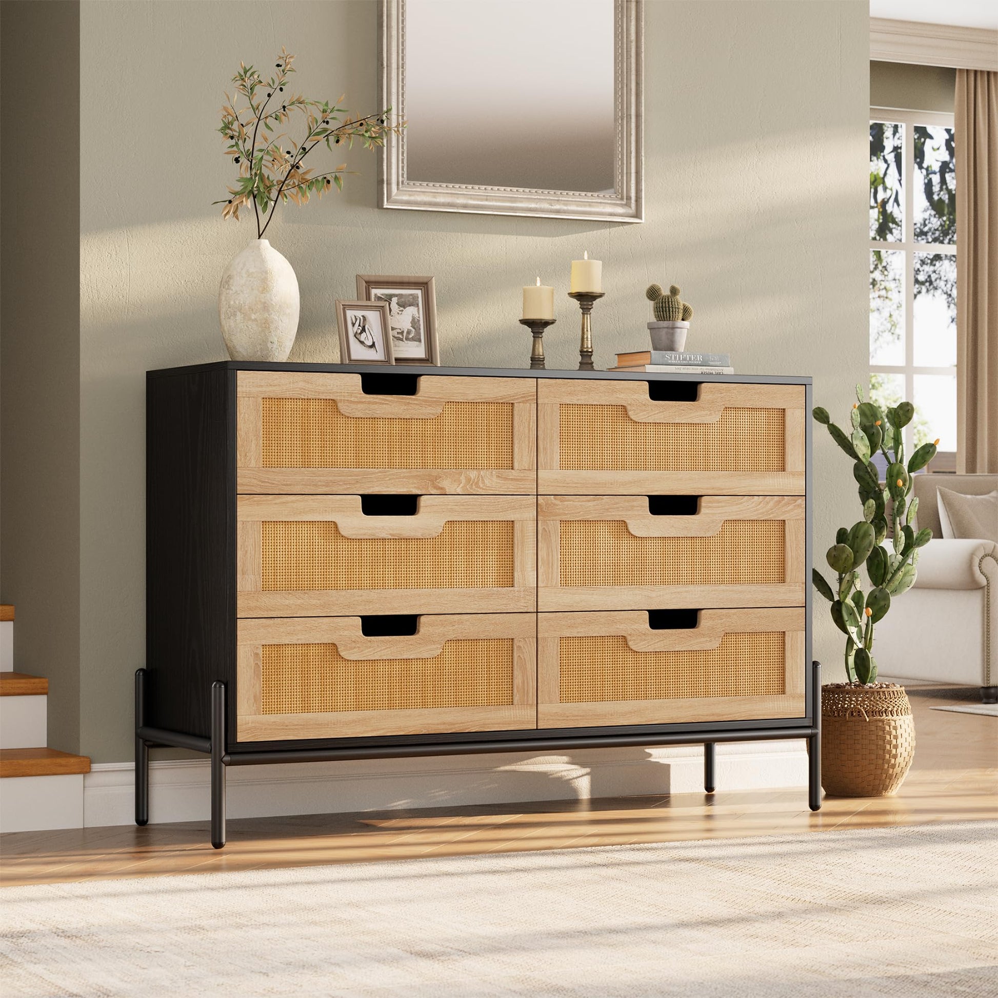 Cassettiera Garvee in rattan naturale con 6 cassetti, gambe in legno e metallo, per camera da letto e soggiorno, impermeabile, resistente, design moderno