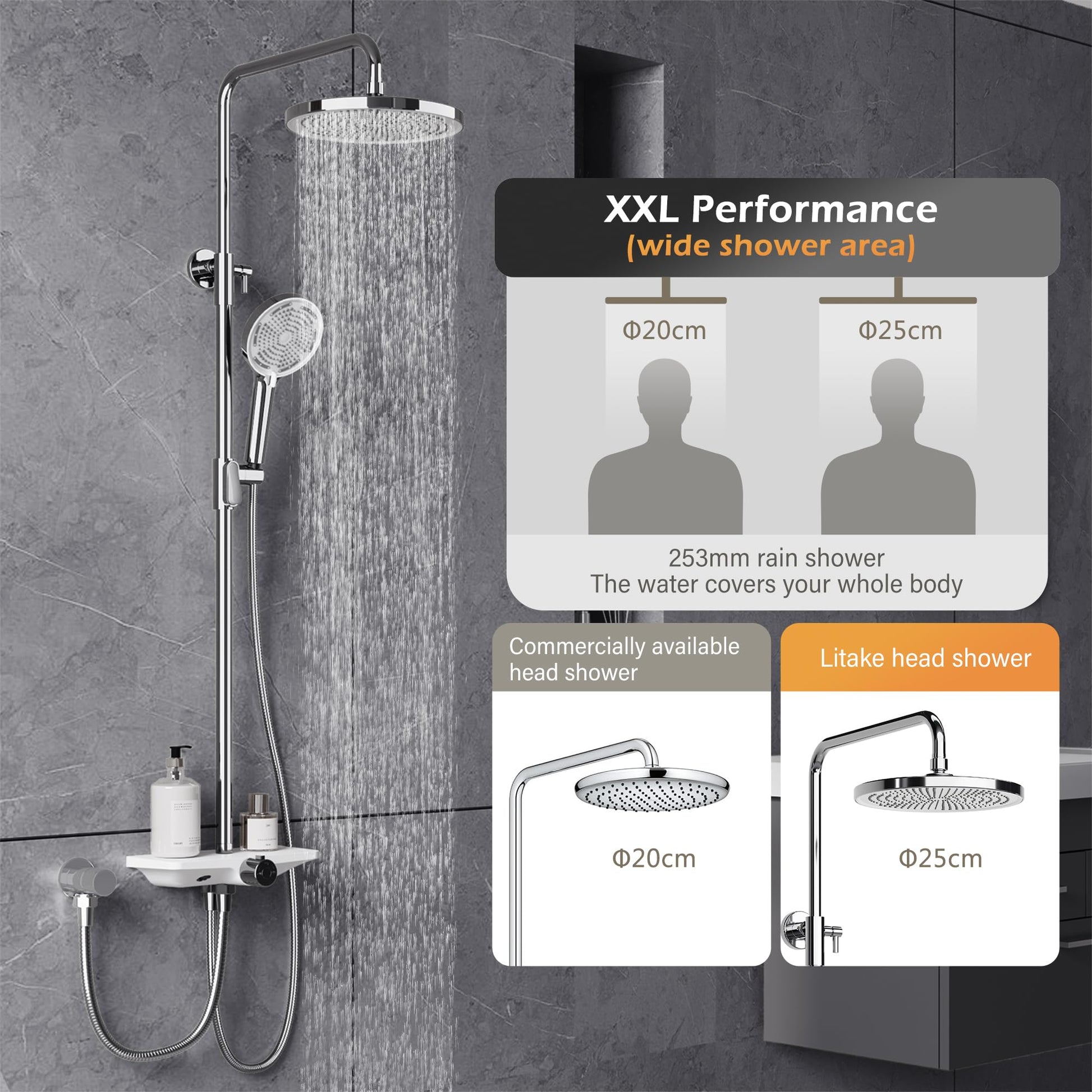 GARVEE Doccia a pioggia senza rubinetto con mensola, sistema doccia regolabile in acciaio inox per doccia, 25 cm rotondo cromato